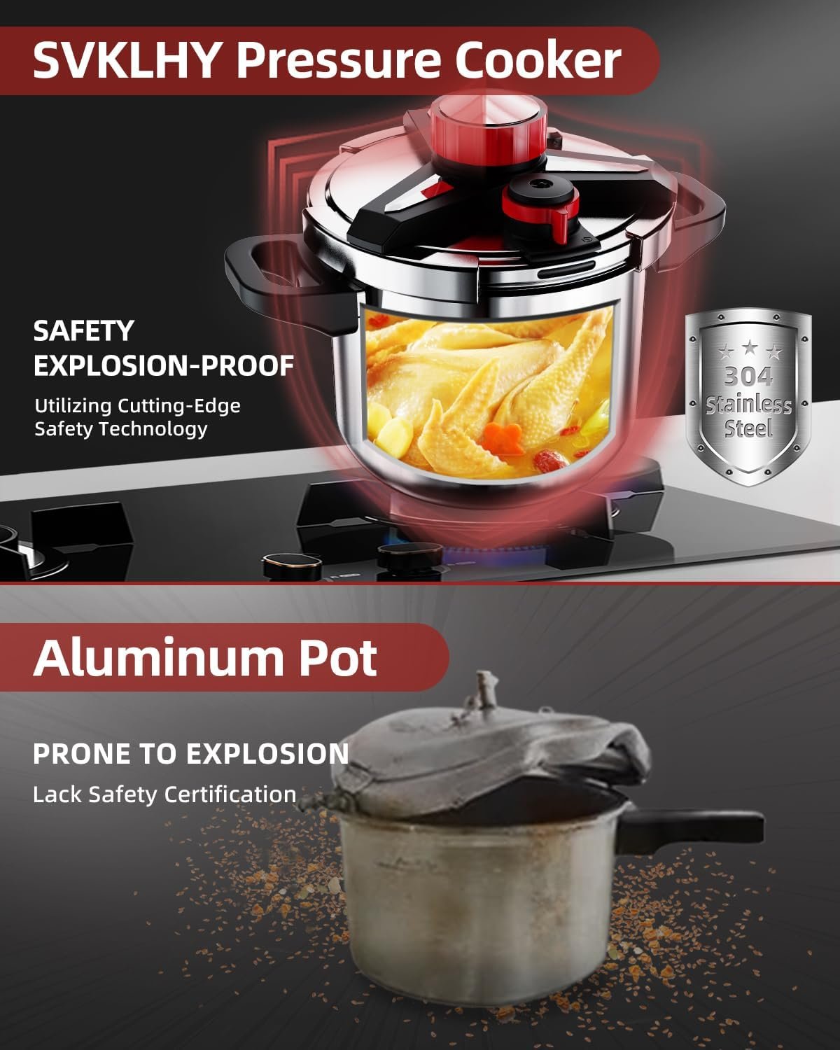 3-In-1 304 Stainless Steel Pressure Cooker 8 QT: [Explosion-Proof] [3 PSI Settings], One-Hand Locking, Induction Compatible, Glass Lid  Steamer Rack Included, Olla de Presion