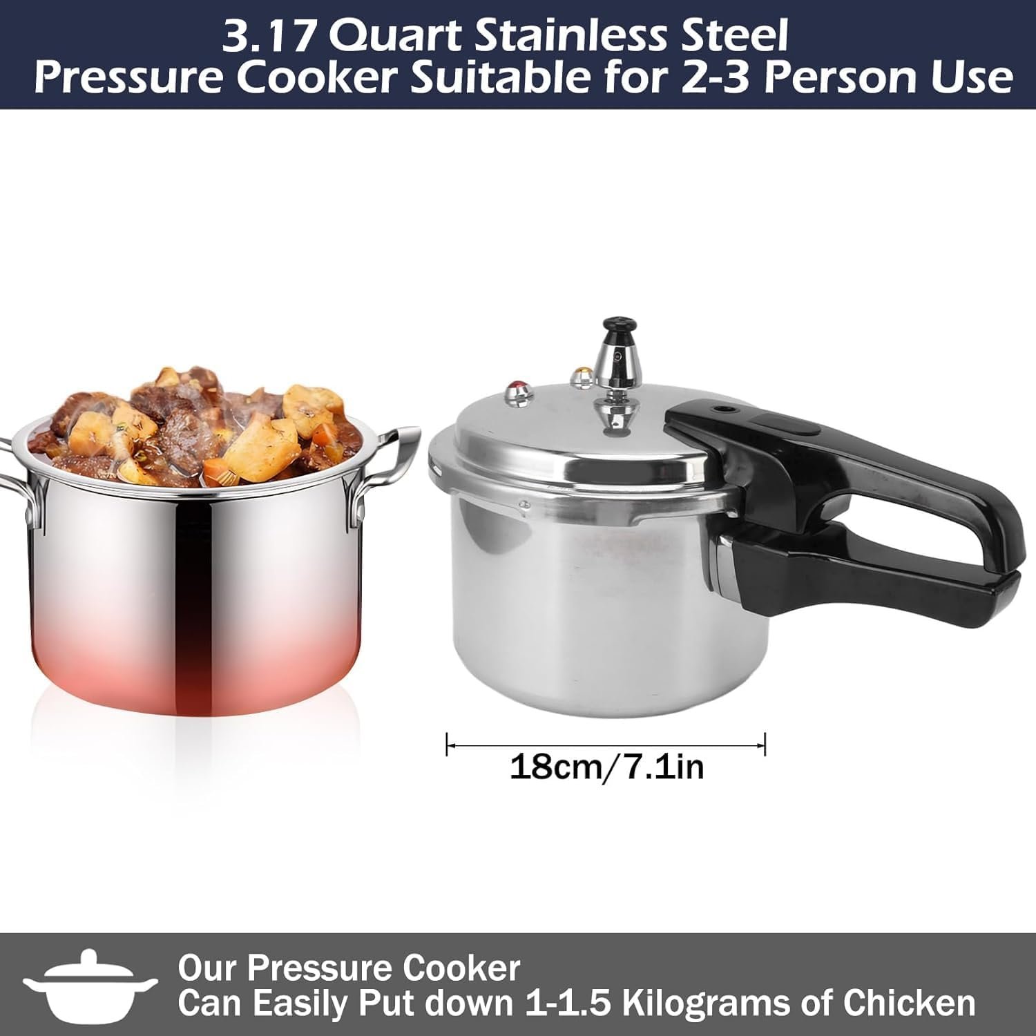 3.17 Quart Aluminum Alloy Pressure Cooker, Small Pressure Cooking Pot 18cm/7inch, 3L Pressure Cookers Mini for Gas Stove Induction Cooker
