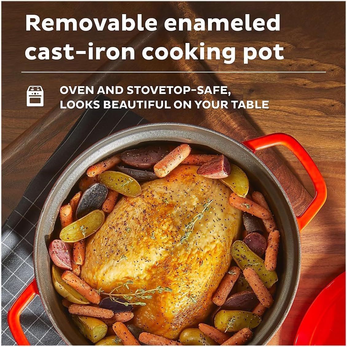 6-Quart 1500W Electric Dutch Oven with Recipe Book - Braise, Slow Cook, Sear, Warm, Red Enameled Cast Iron