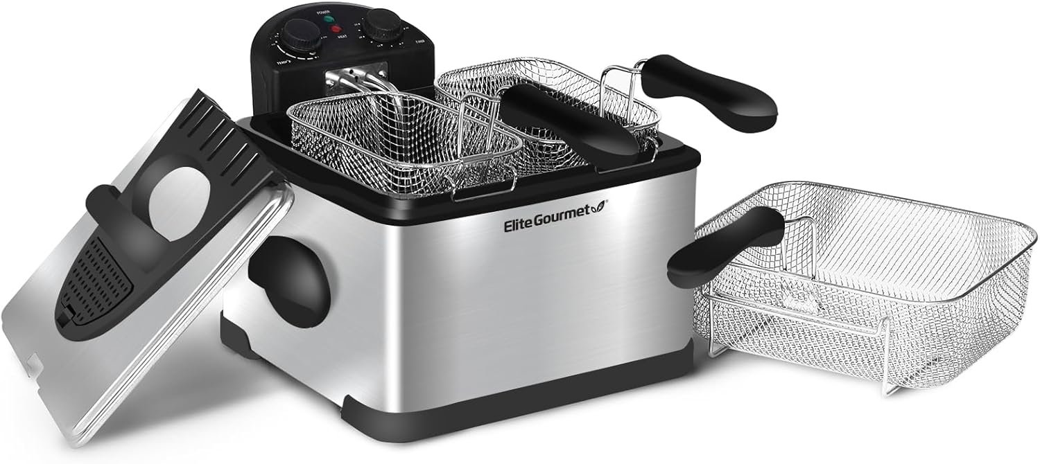 Elite Gourmet EDF-401T# Electric Immersion Deep Fryer 3-Baskets, 1700-Watt, Timer Control Adjustable Temperature, Lid with Viewing Window and Odor Free Filter, Stainless Steel and Granite