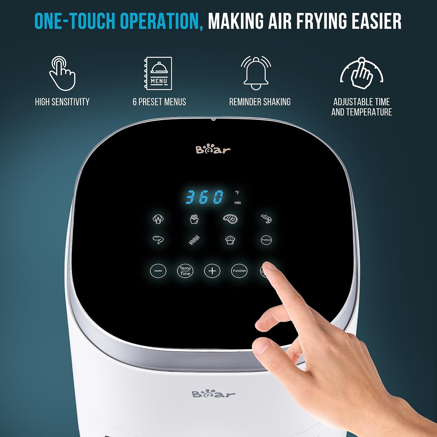 Bear Air Fryer, 5.3Qt for Quick and Oil-Free Healthy Meals, Easy View and Smart 8 in 1 Digital Touchscreen, Shake Reminder, Dishwasher-Safe  Non-stick Basket, Disposable Paper Liner and Recipes included,White
