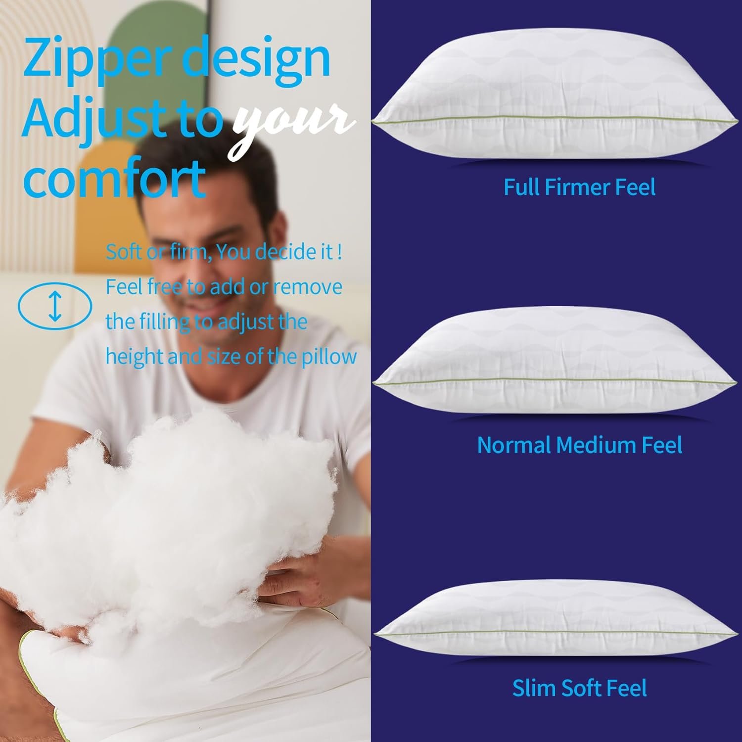 Bed Pillows Queen Size Set of 2,for Sleeping, Adjustable Queen Pillows 2 Pack with Zipper, Cooling Hotel Quality with Premium Soft Down Alternative Fill