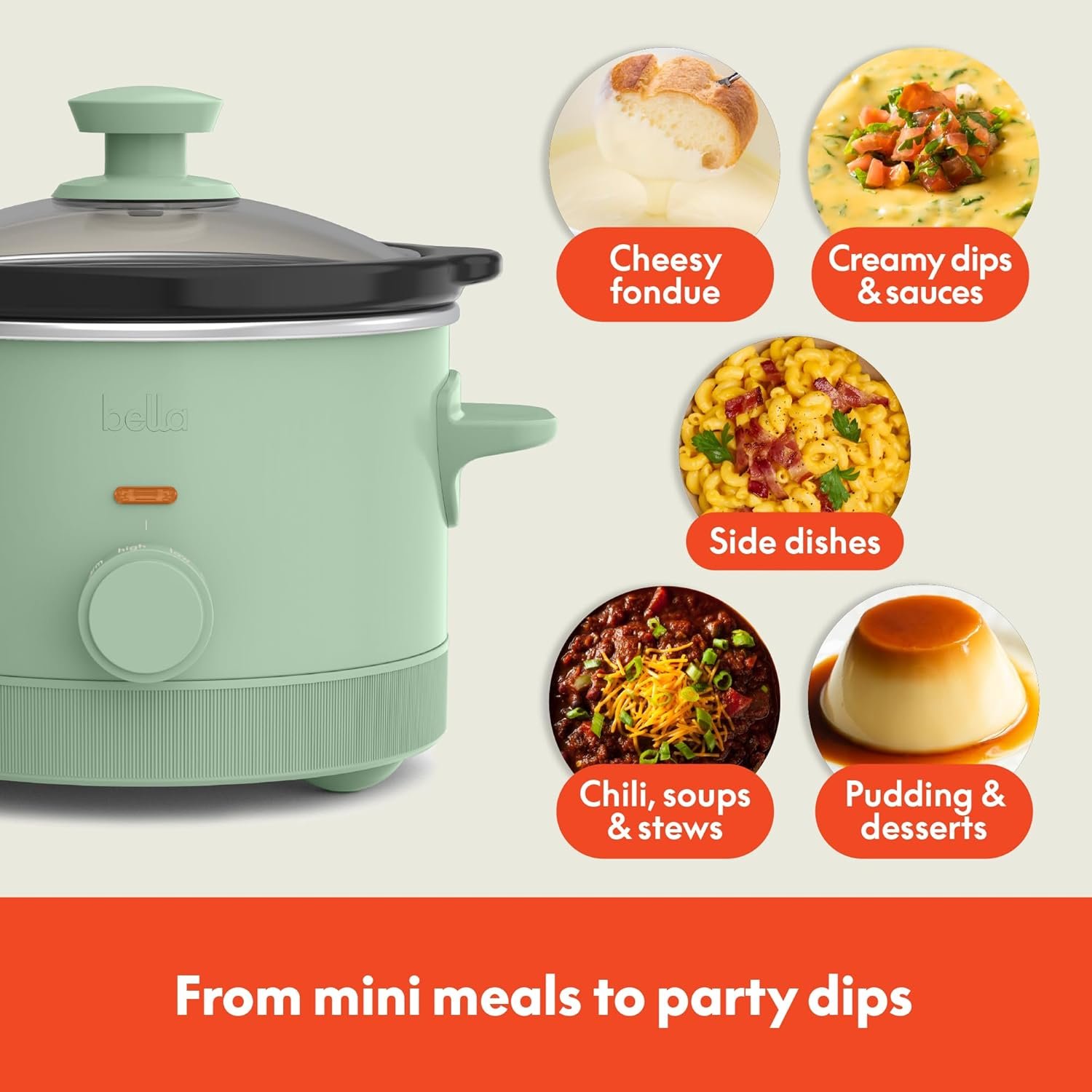 bella 1.5 Qt Slow Cooker with 3 Heat Manual Control, EverGood™ Ceramic Nonstick Coating, Dishwasher Safe Stoneware Pot and Tempered Glass Lid, Tangle Free Cord Wrap  Cool Touch Handles, Seaglass
