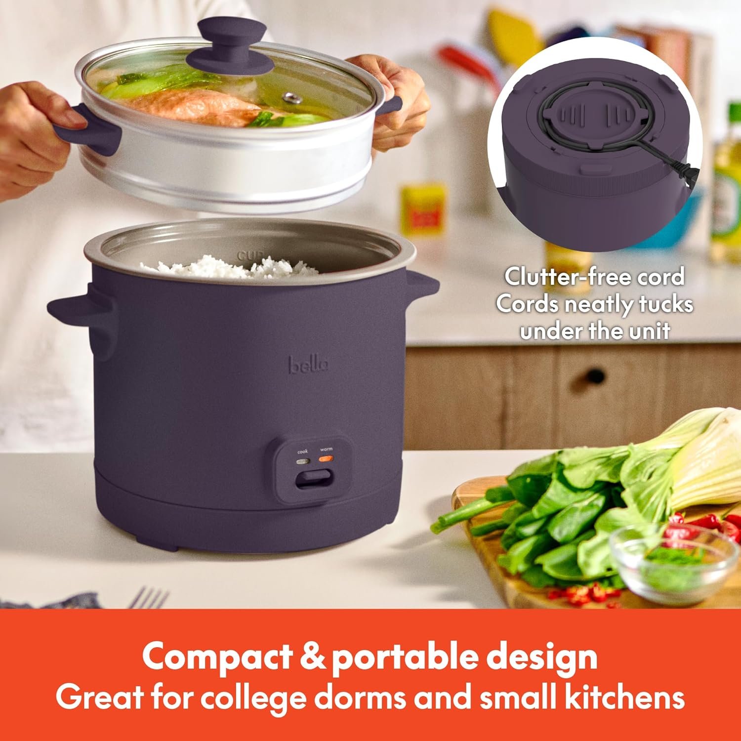 bella 16 Cup Rice Cooker with Steamer, Dishwasher Safe Steaming Basket, Rice Paddle and Measuring Cup, Removable Nonstick Cooking Bowl, Automatic Keep Warm Function​, 400 Watt, Oatmilk