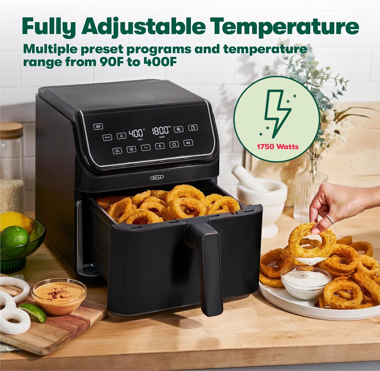 bella 8 Qt Digital Air Fryer with TurboCrisp Technology, Large Family Size Nonstick Cooking Basket and Crisping Tray, Multiple Preset Functions, Auto Shutoff, Stainless Steel, 1750 Watt
