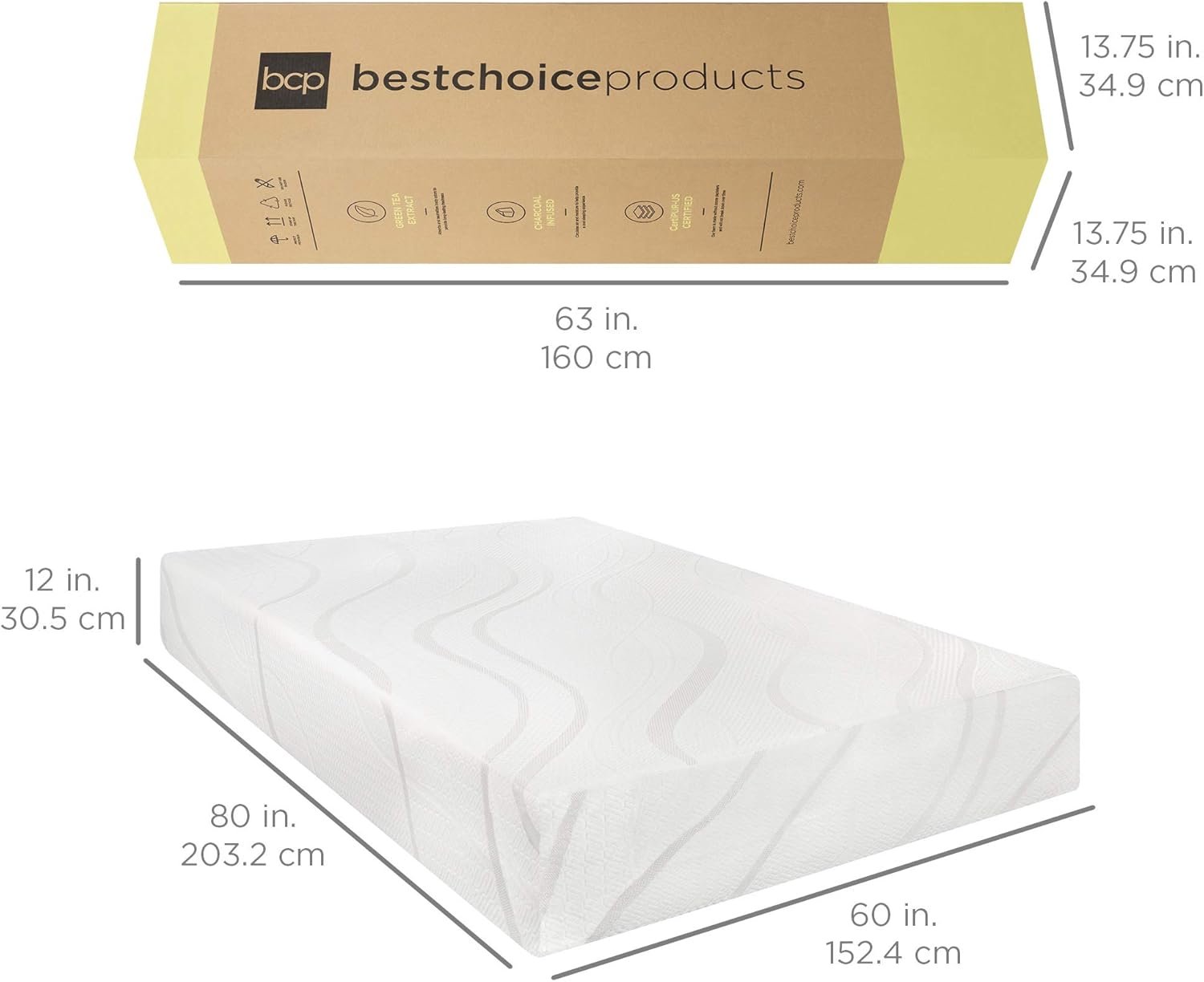 Best Choice Products 12 Inch, Green Tea Charcoal Cooling Gel Memory Foam Mattress, Fiberglass Free, 2-Layer, Breathable - Queen, Medium Firm