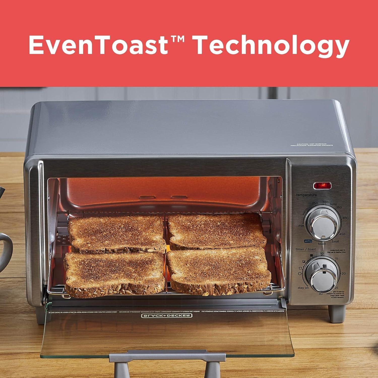 BLACK+DECKER Crisp N Bake Air Fry Countertop Convection Toaster Oven, Medium Capacity, 4-Slice, 5-in-1, Fits 9” Pizza, 30-Min Timer, Bake, Broil, Air Fry, Toast, Keep Warm, Stainless Steel