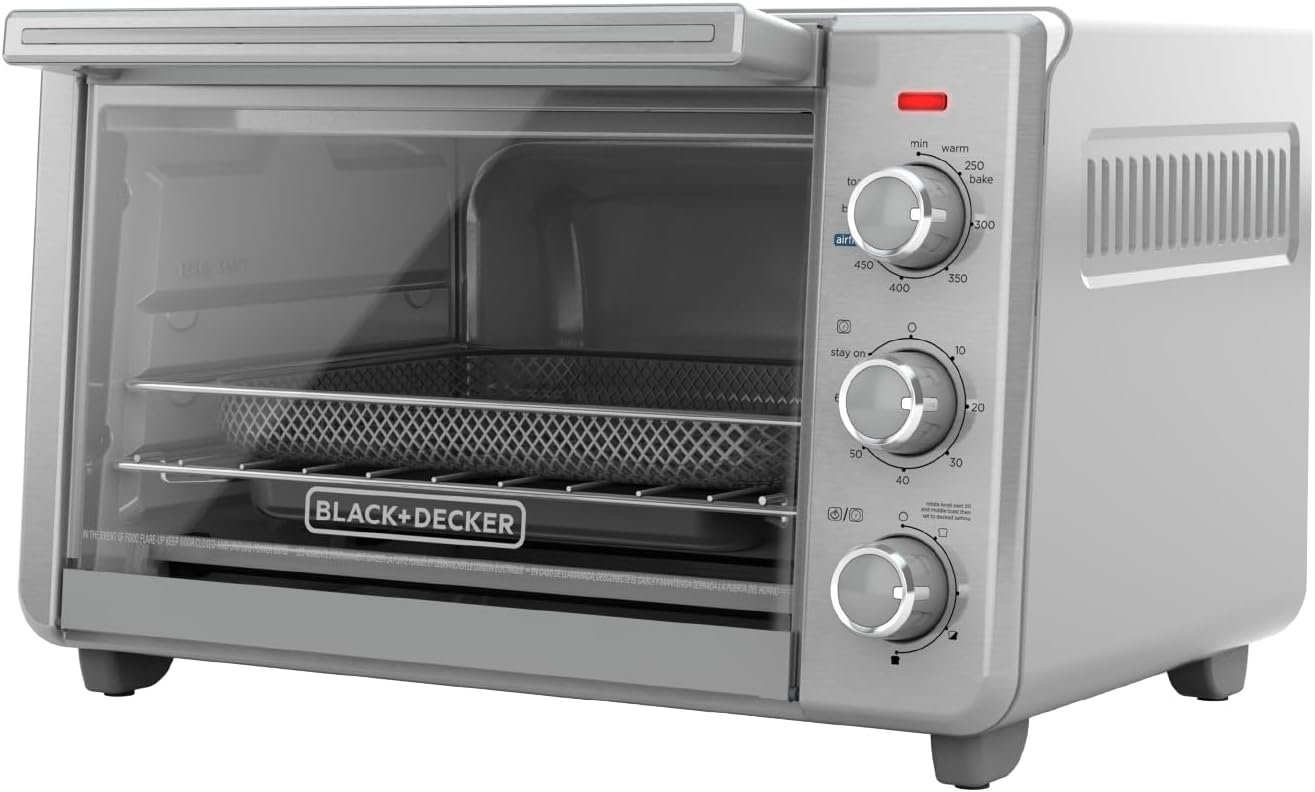 BLACK+DECKER Crisp N Bake Air Fry Countertop Convection Toaster Oven, Medium Capacity, 4-Slice, 5-in-1, Fits 9” Pizza, 30-Min Timer, Bake, Broil, Air Fry, Toast, Keep Warm, Stainless Steel