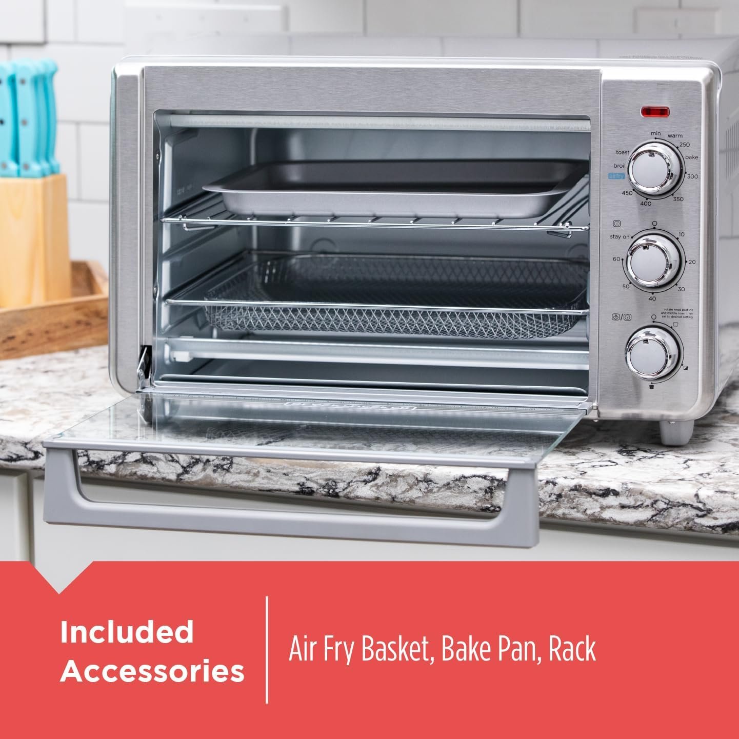 BLACK+DECKER Crisp N Bake Air Fry Countertop Convection Toaster Oven, Medium Capacity, 4-Slice, 5-in-1, Fits 9” Pizza, 30-Min Timer, Bake, Broil, Air Fry, Toast, Keep Warm, Stainless Steel