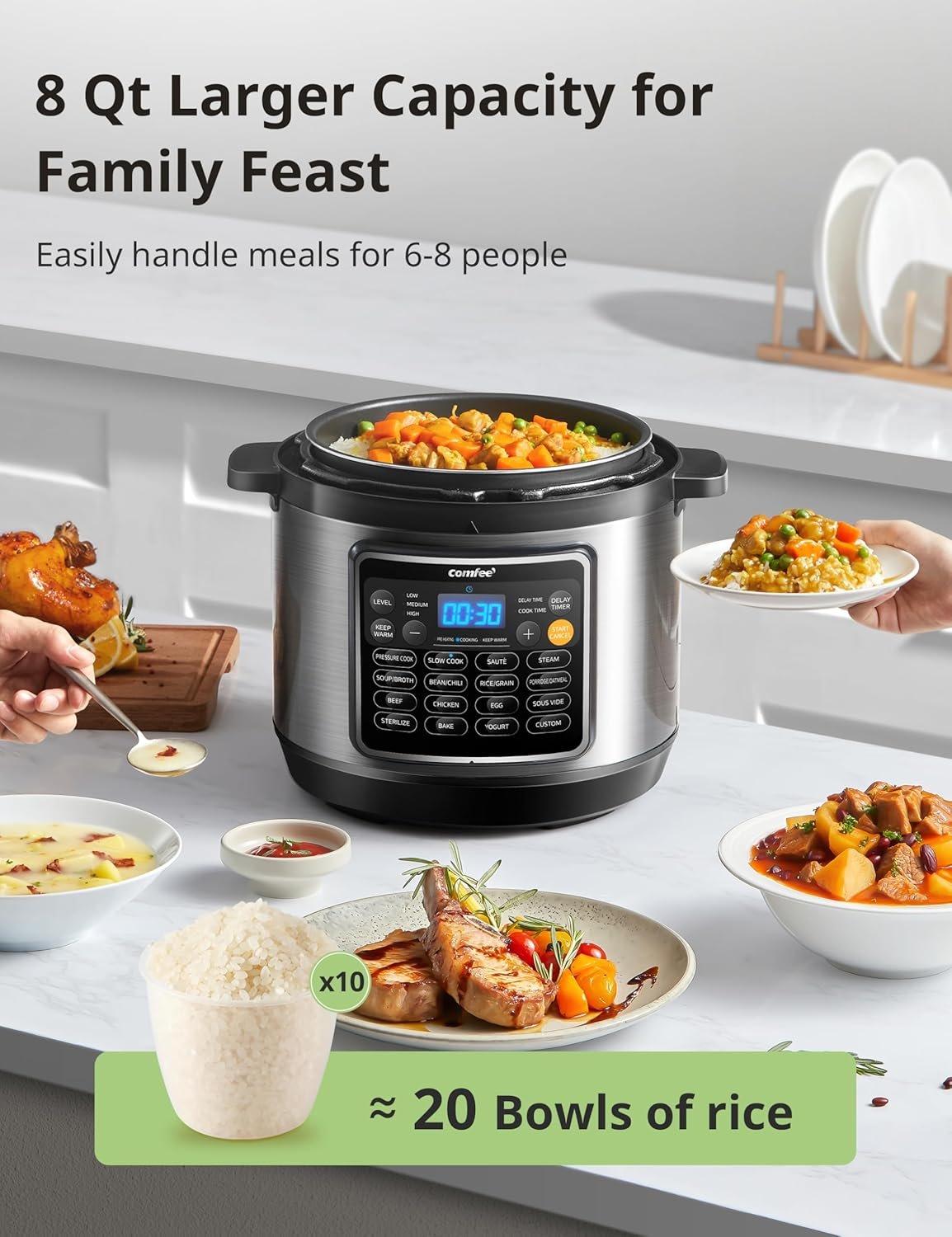 COMFEE’ 16 in 1 Electric Pressure Cooker Instant Multi Cooker Olla de Presion Non-Stick Pot Yogurt Maker Rice Cooker Slow Cooker Sauté Steamer 8 Quarts Stainless Steel