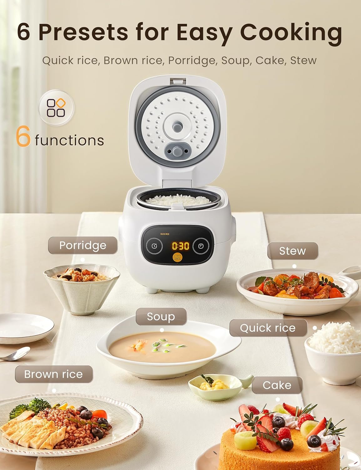 COMFEE Mini Rice Cooker 4 Cups Cooked/2 Cups Uncooked, Portable Non-Stick rice maker, 24 hours Timer Delay, 6 Functions, Fast Cooker, Brown Rice, Oatmeal, White