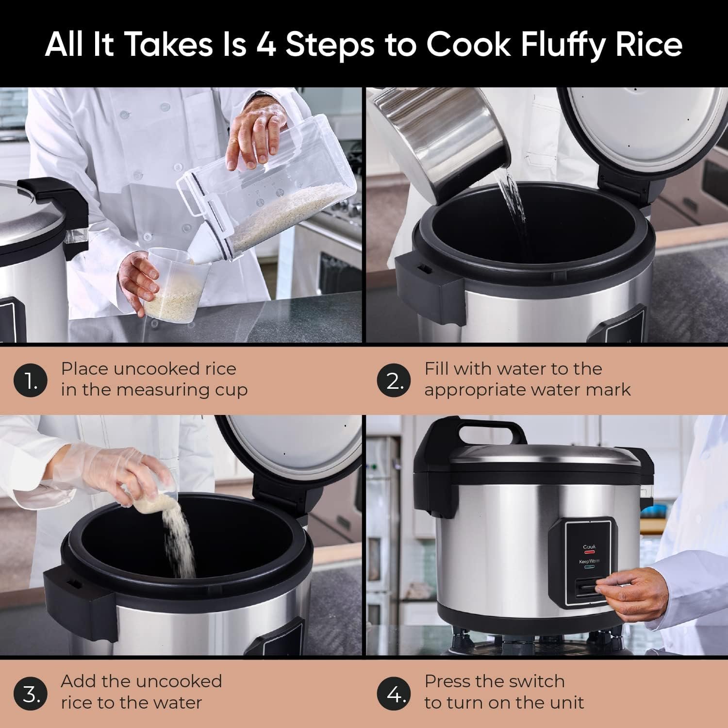Commercial Stainless Steel Rice Cooker - Professional 64 Cup Cooked (32 Cup Uncooked) Rice Maker Cooker With Non Stick Pot  Hinged Lid - Includes a Rice Measuring Cup  Rice Scoop