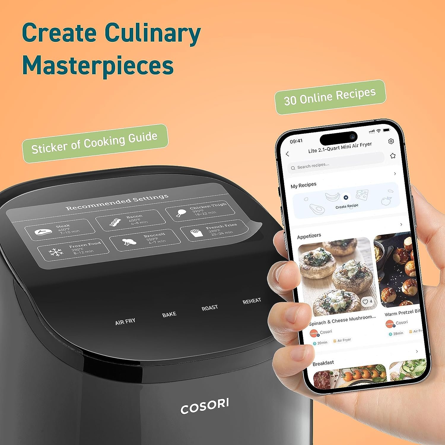 COSORI Small Air Fryer Oven 2.1 Qt, 4-in-1 Mini Airfryer, Bake, Roast, Reheat, Space-saving  Low-noise, Nonstick and Dishwasher Safe Basket, 30 In-App Recipes, Sticker with 6 Reference Guides, Gray