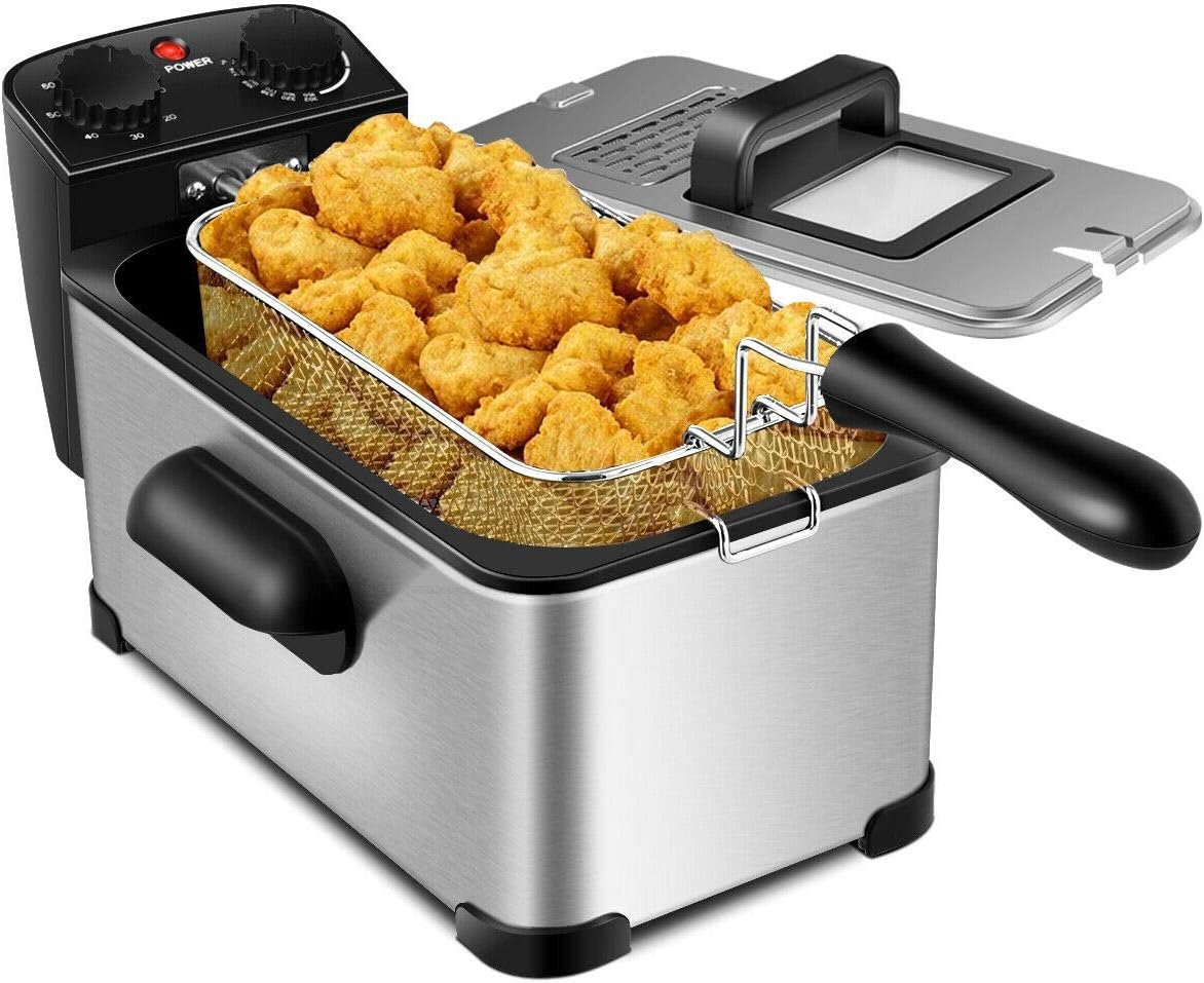 COSTWAY Deep Fryer with Basket, 3.2Qt Stainless Steel Electric Oil Fryer w/Adjustable Temperature, Timer, Lid with View Window, Professional Style, Deep Fryer Pot for Home Use, French Fries, Chicken