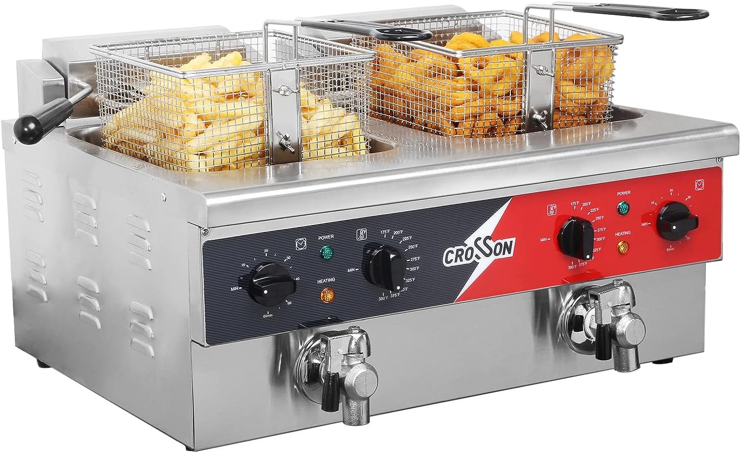 CROSSON 12L Dual Tank Countertop Electric Deep Fryer with Drain,Solid Basket and Lid for Restaurant and Home Use 120V,3600W Stainless Steel Commercial Deep Fryer (EF-6V-2)