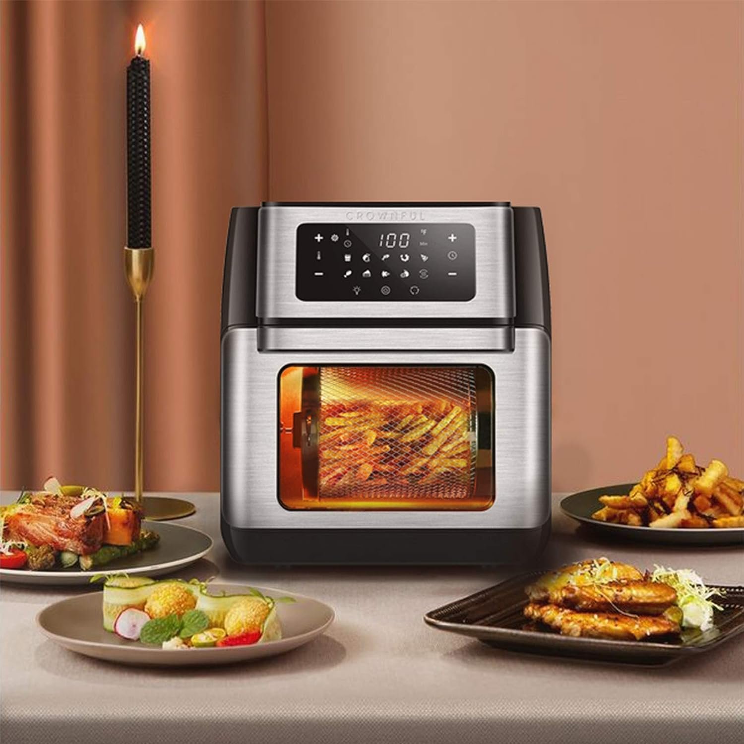 CROWNFUL Air Fryer, 10.6 Quart Large Convection Toaster Oven with Digital LCD Touch Screen, 10 in 1 Oilless Cooker with Rotisserie  Dehydrator, Accessories and Online Cookbook Included