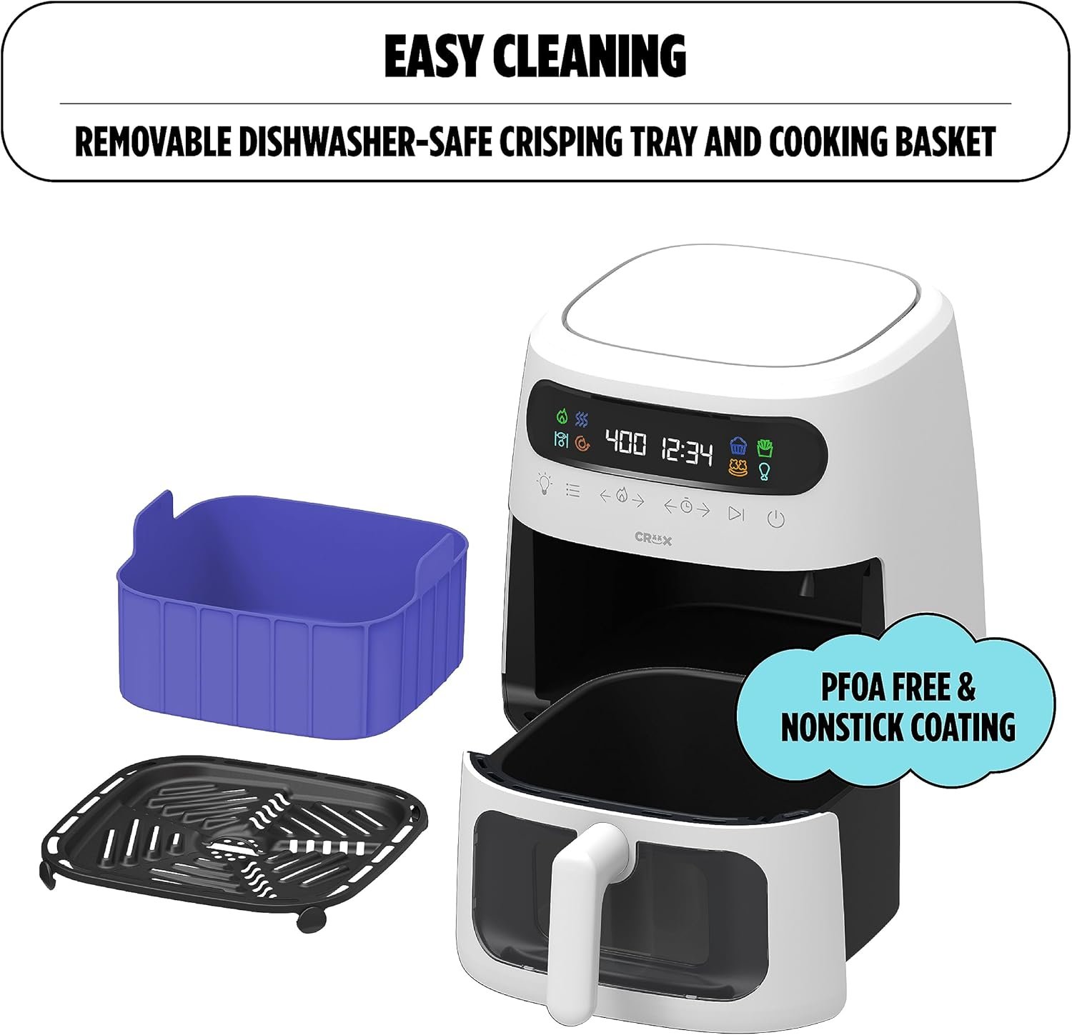CRUX x Marshmello 3.0 QT Digital Air Fryer with TurboCrisp Technology, Touch Screen Temperature Control, Timer and Auto Shut-off, Fully Programmable, Silicone Cupcake Molds Included, Black