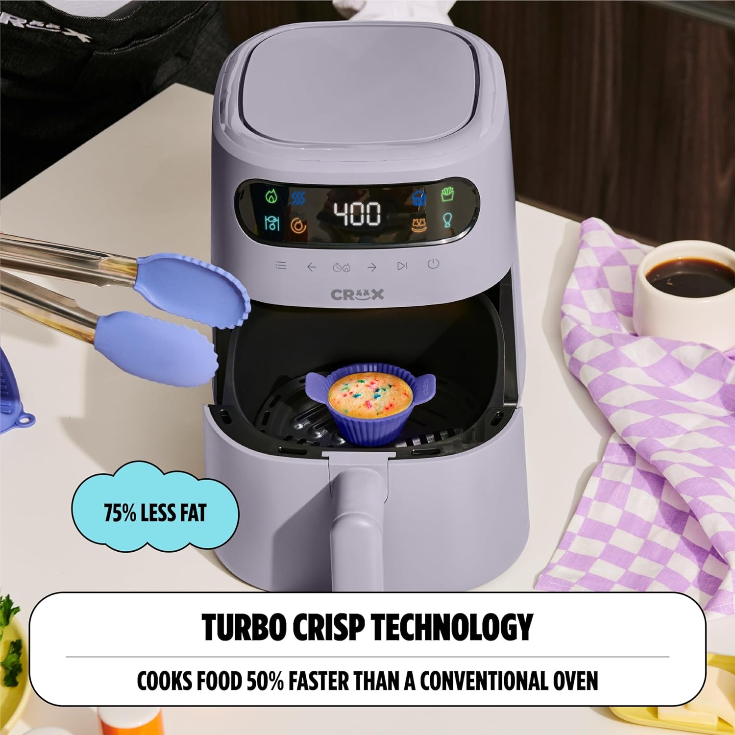 CRUX x Marshmello 3.0 QT Digital Air Fryer with TurboCrisp Technology, Touch Screen Temperature Control, Timer and Auto Shut-off, Fully Programmable, Silicone Cupcake Molds Included, Black
