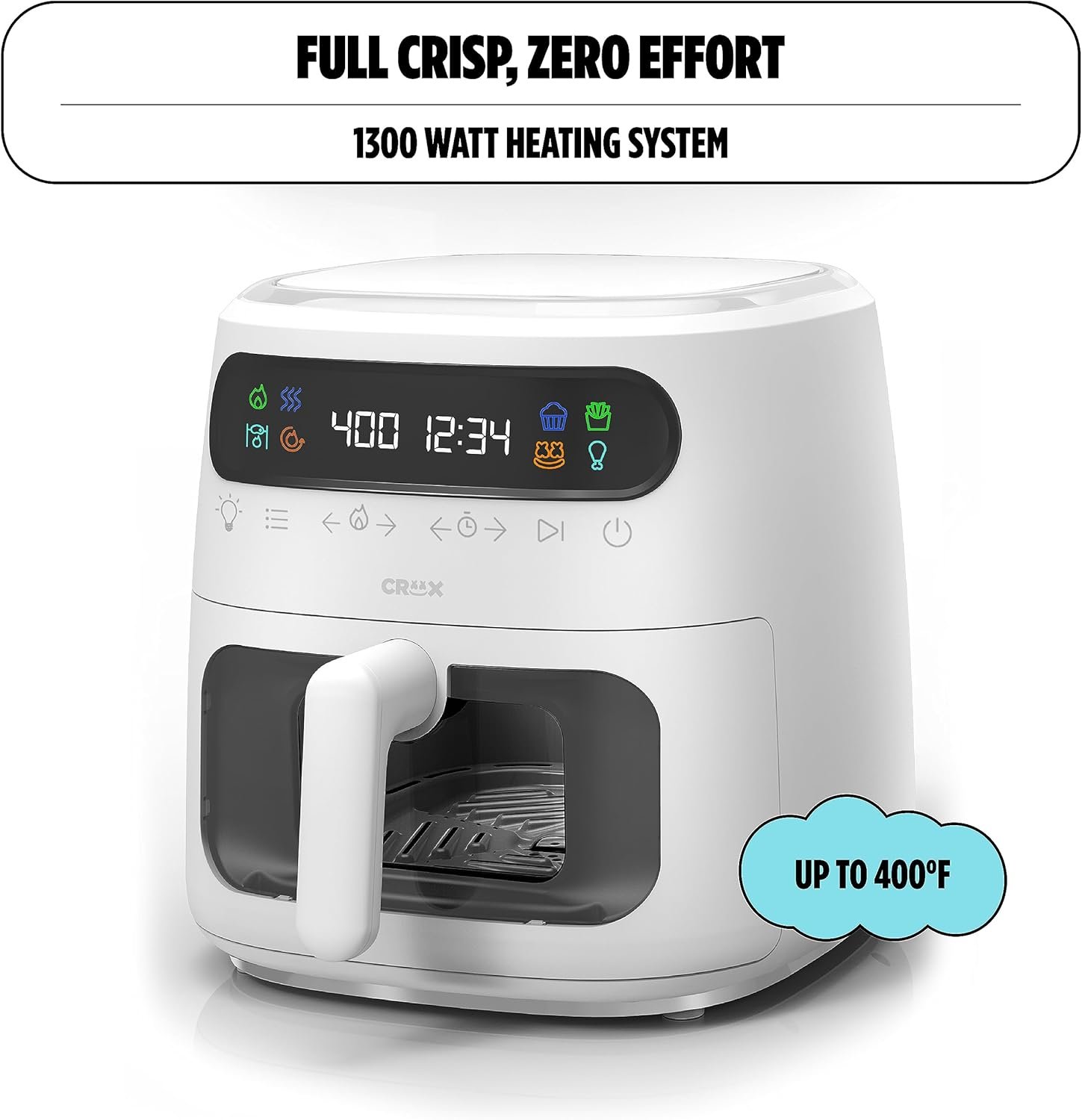 CRUX x Marshmello 3.0 QT Digital Air Fryer with TurboCrisp Technology, Touch Screen Temperature Control, Timer and Auto Shut-off, Fully Programmable, Silicone Cupcake Molds Included, White