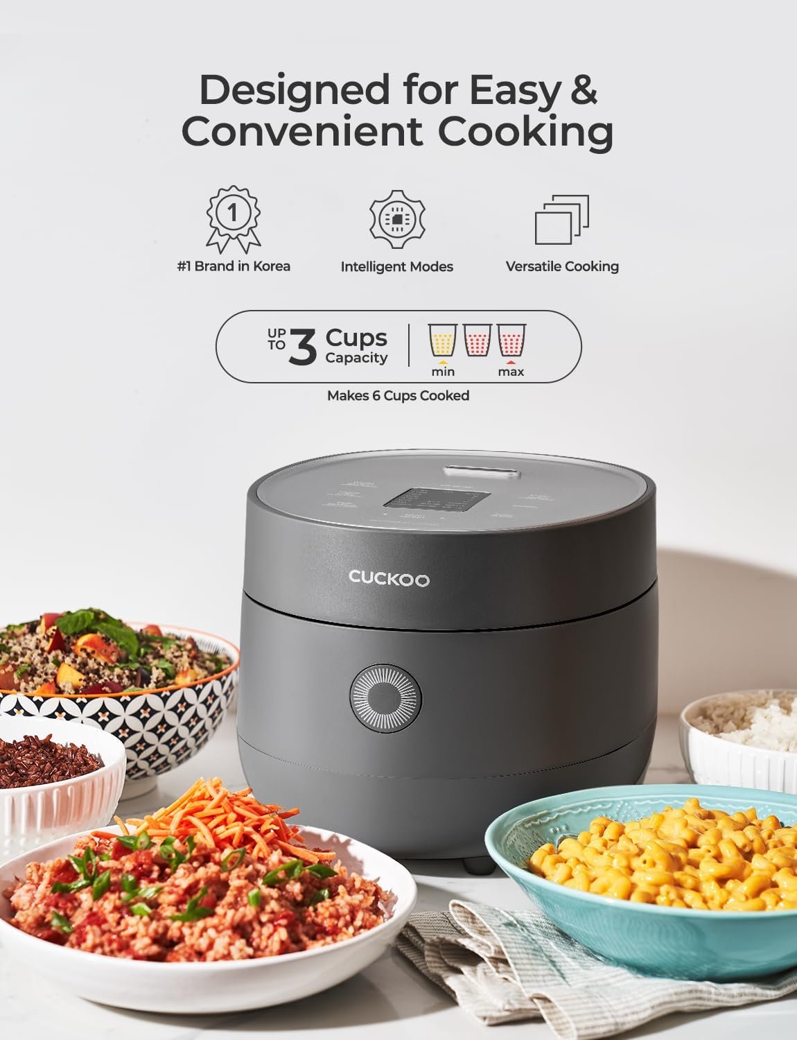CUCKOO Rice Cooker 3 Cup Uncooked / 6 Cup Cooked, Modern Fuzzy Logic Rice Cooker Small with Delay Timer  Keep Warm Setting, Versatile Food Steamer for Cooking, Non-Stick Inner Pot, White (CR-0375FW)