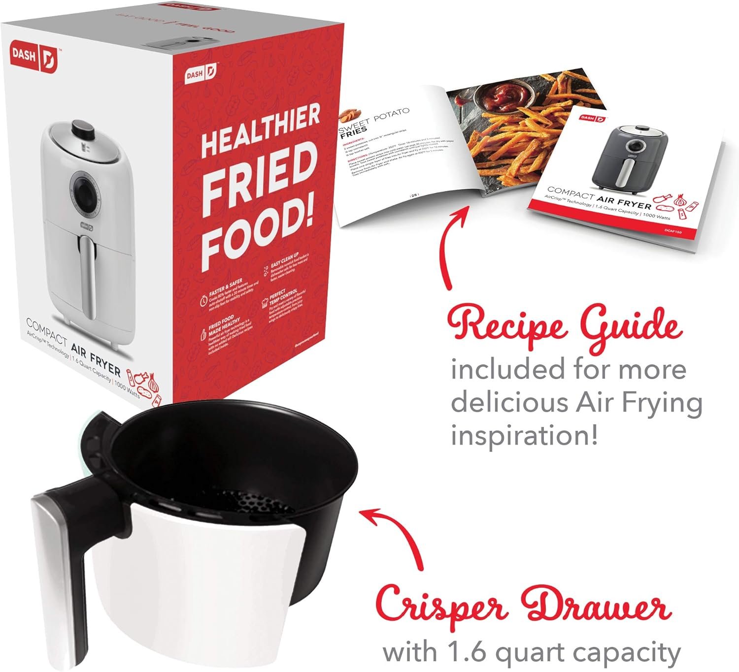 DASH Compact Air Fryer Oven Cooker with Temperature Control, Non-stick Fry Basket, Recipe Guide + Auto Shut off Feature, 2 Quart - Grey