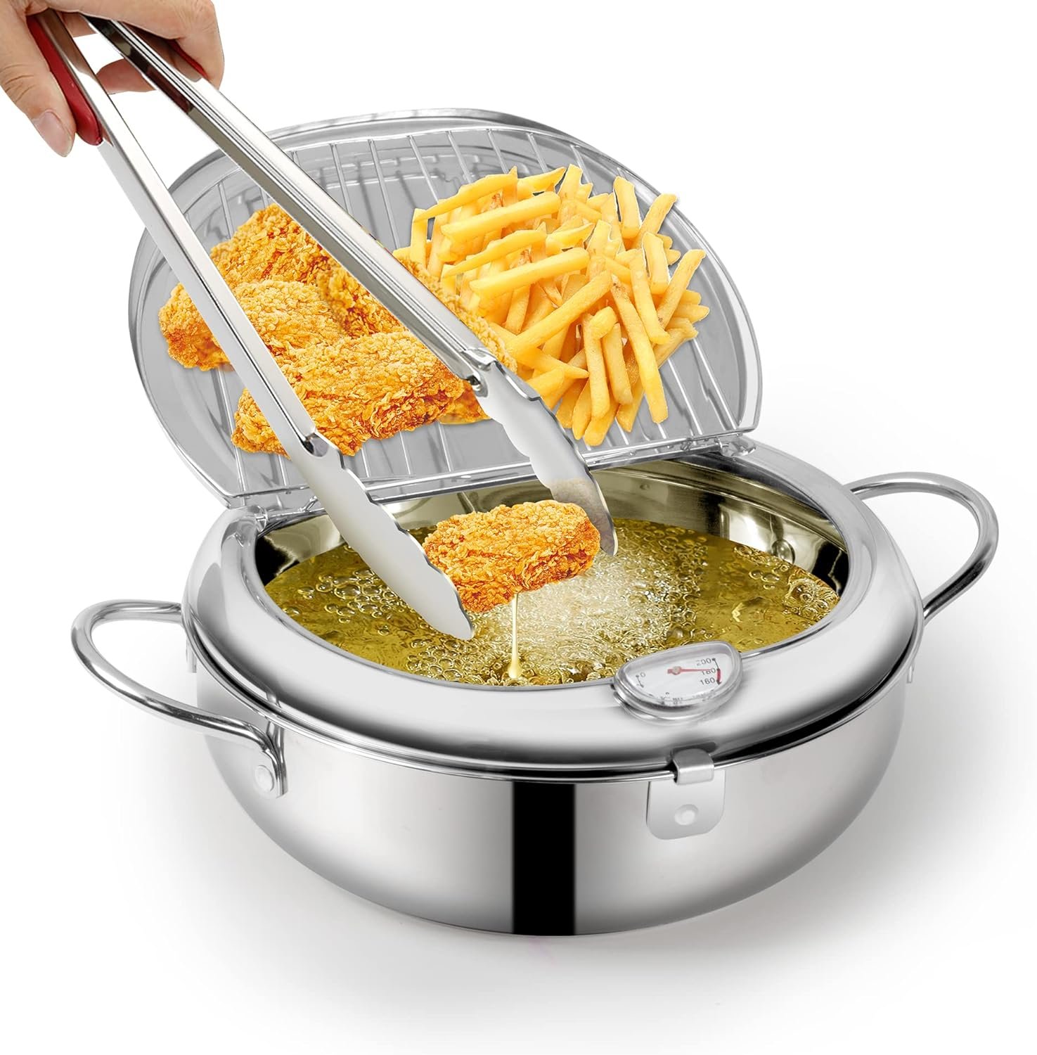 Deep Fryer Pot, 304 Stainless Steel Japanese Deep Fryer with Lid And Oil Drip Drainer Rack for French Fries Chicken Wings shrimp, 3.4L