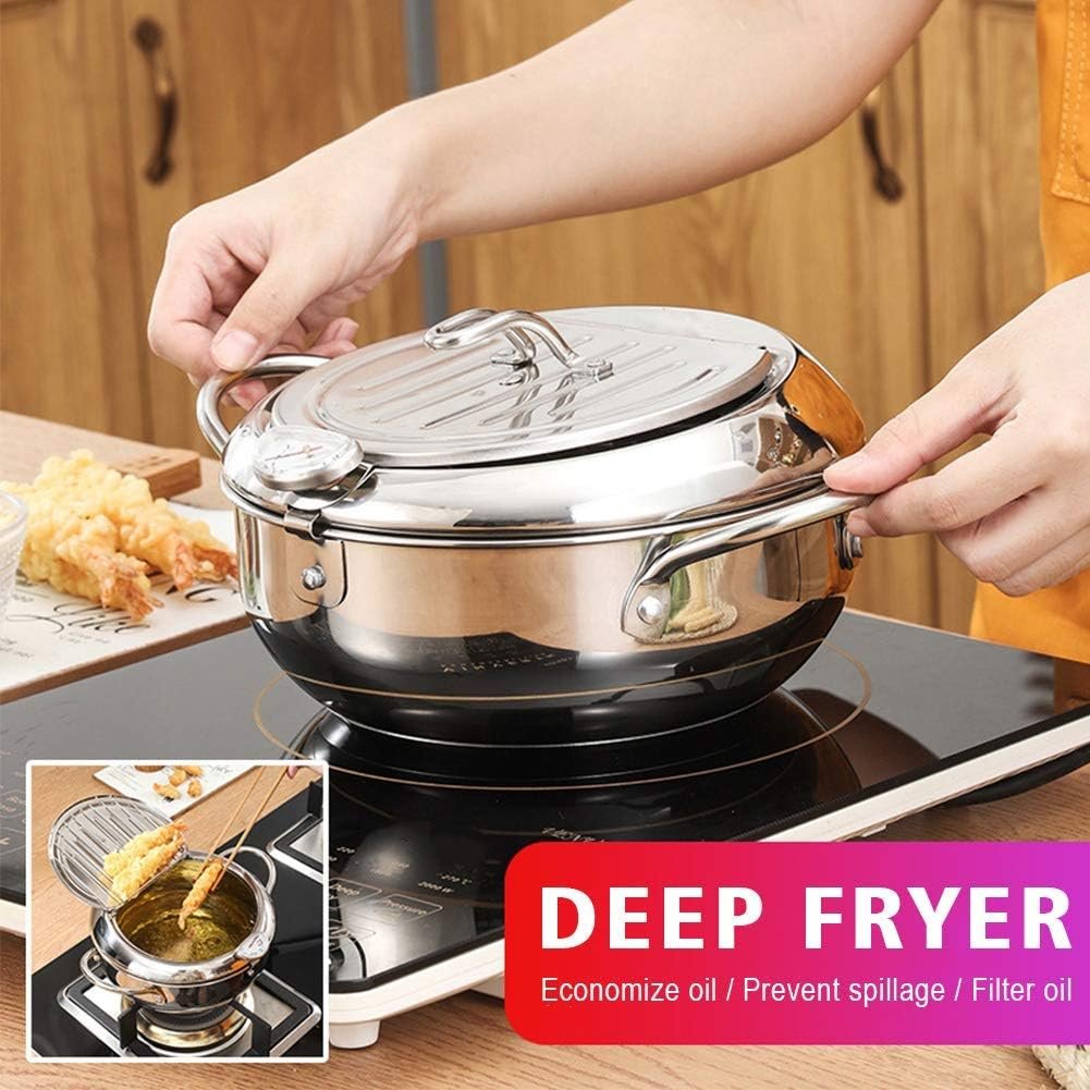 Deep Fryer Pot, Japanese Tempura Small Deep Fryer Stainless Steel Frying Pot With Thermometer,Lid And Oil Drip Drainer Rack for French Fries Shrimp Chicken Wings(20cm, 304)