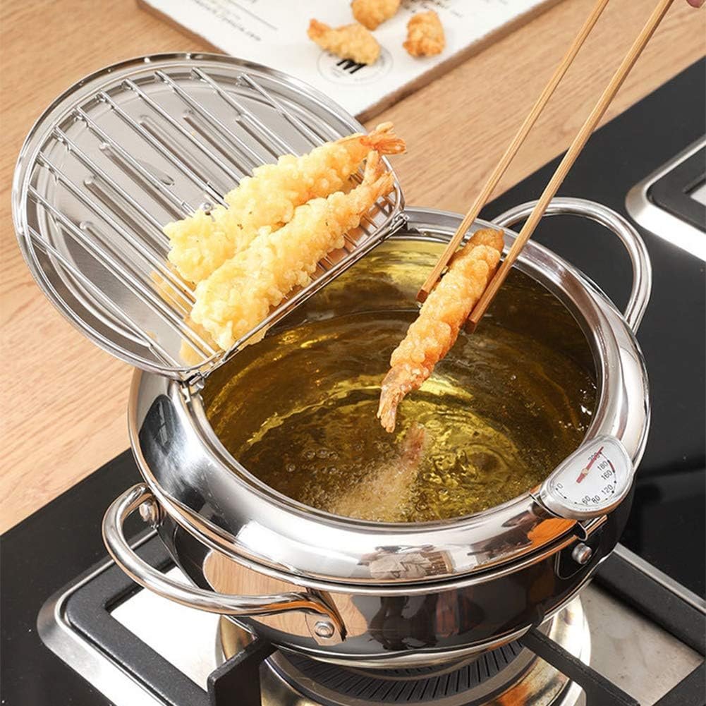 Deep Fryer Pot, Japanese Tempura Small Deep Fryer Stainless Steel Frying Pot With Thermometer,Lid And Oil Drip Drainer Rack for French Fries Shrimp Chicken Wings(20cm, 304)