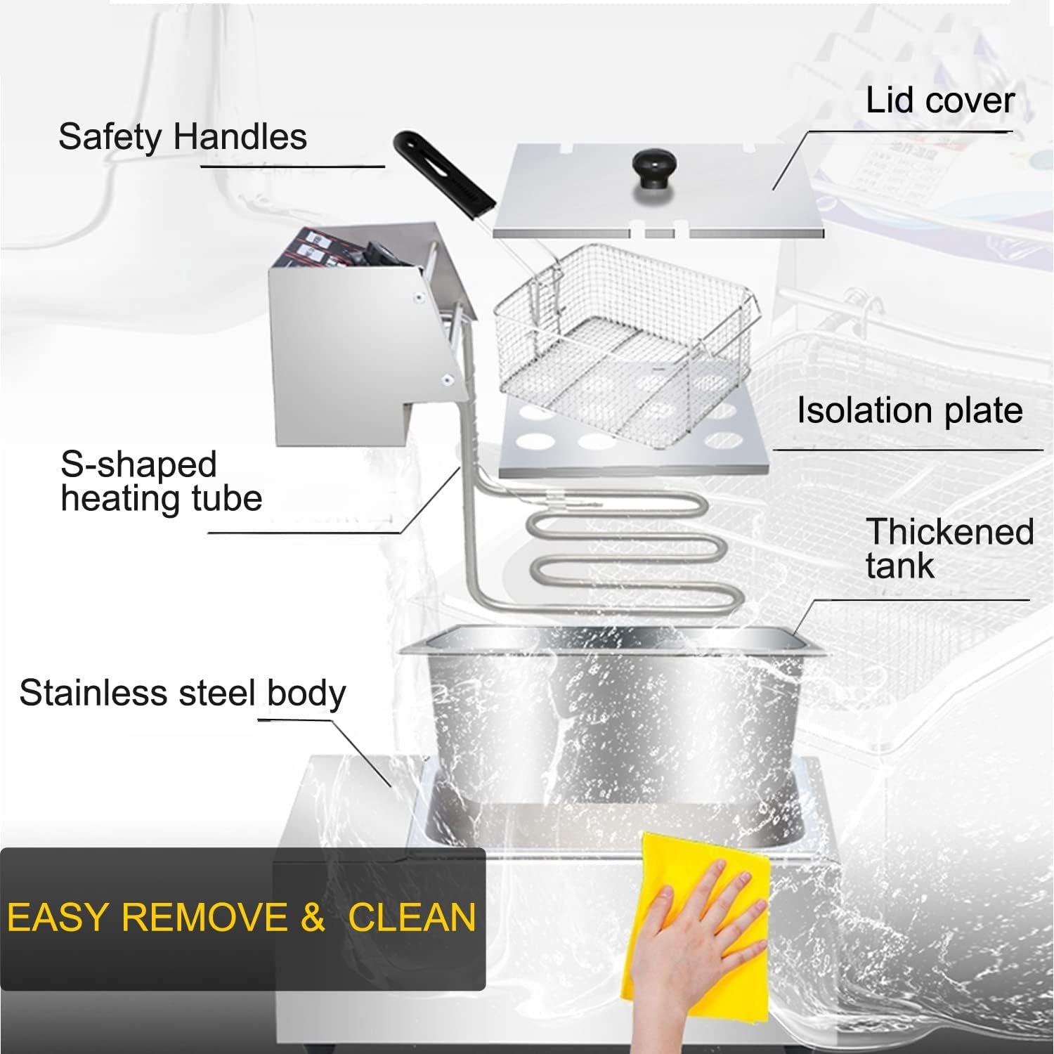 Deep Fryer with Basket and Lid for Home or Restaurant Use, 10 Liter Oil and 6.34QT Food Capacity Electric Fryer, Stainless Steel Countertop Fryer Easy Clean, Dishwasher Safe Parts