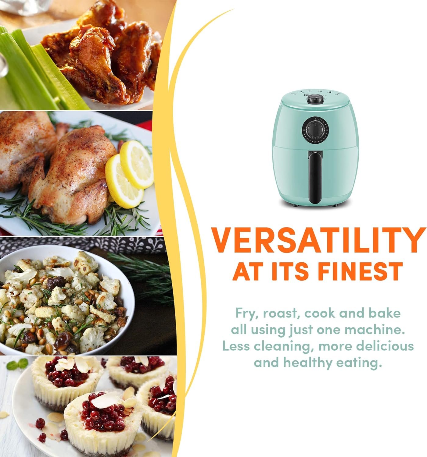 Elite Gourmet EAF-0201BL Personal Compact Space Saving Electric Hot Air Fryer Oil-Less Healthy Cooker, Timer  Temperature Controls, 1000W, 2.1 Quart, Mint