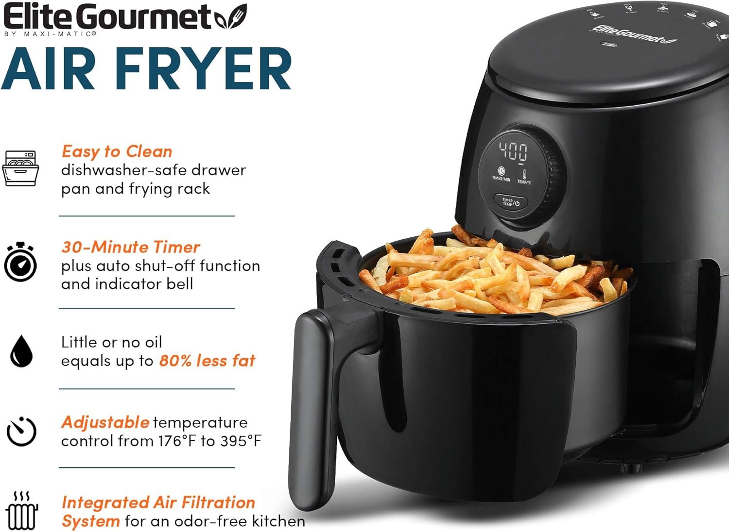 Elite Gourmet EAF0852SS 8.5Qt. Capacity Air Fryer Oven, Air Fry, Broil, Toast, Bake  Broil with Convection, Time and Temperature Controls, 800-Watts, Includes 25 Delicious Recipes, Stainless Steel