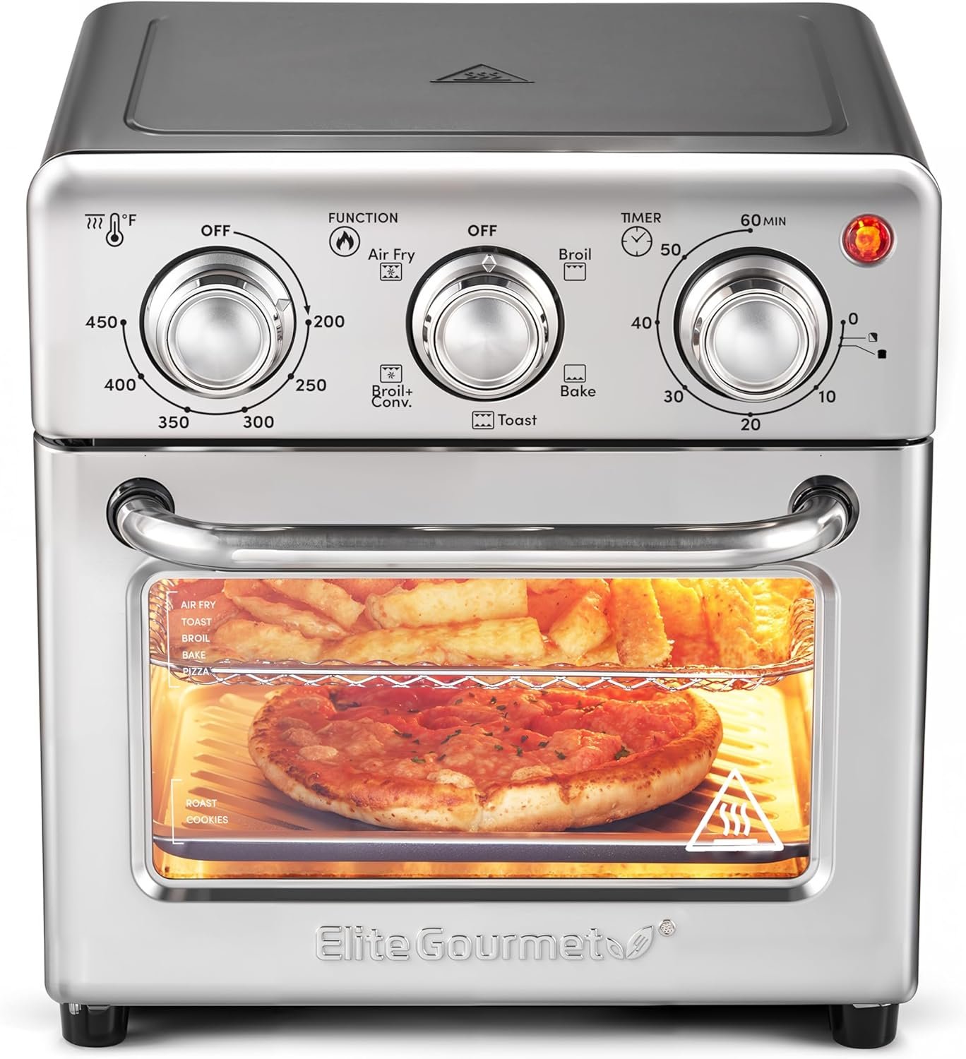 Elite Gourmet EAF0852SS 8.5Qt. Capacity Air Fryer Oven, Air Fry, Broil, Toast, Bake  Broil with Convection, Time and Temperature Controls, 800-Watts, Includes 25 Delicious Recipes, Stainless Steel
