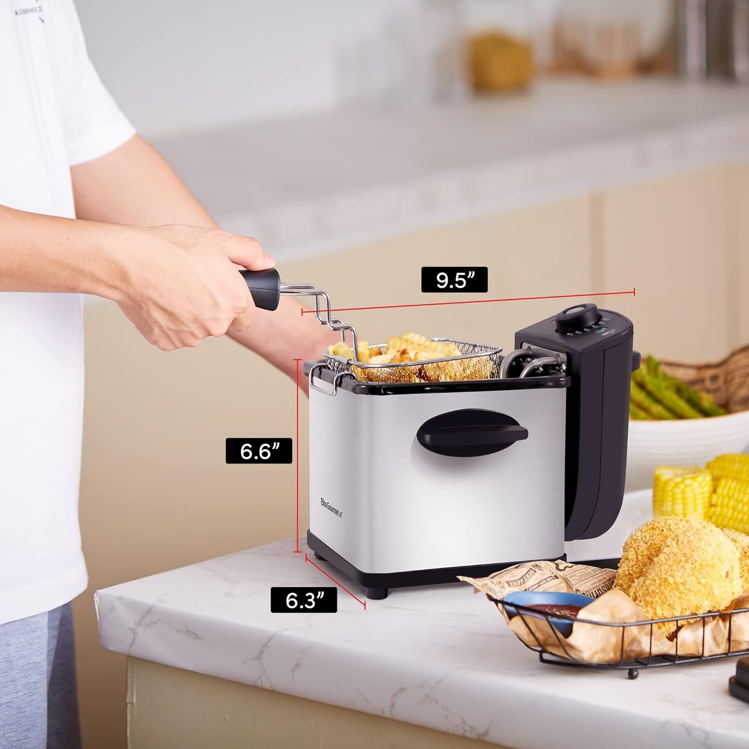 Elite Gourmet EDF-1607 800-Watt Mesh Basket 1.6 Quart / 6.5 Cup Oil Capacity, Electric Immersion Deep Fryer with Temperature Knob and Lid with View Window, stainless steel: Home  Kitchen