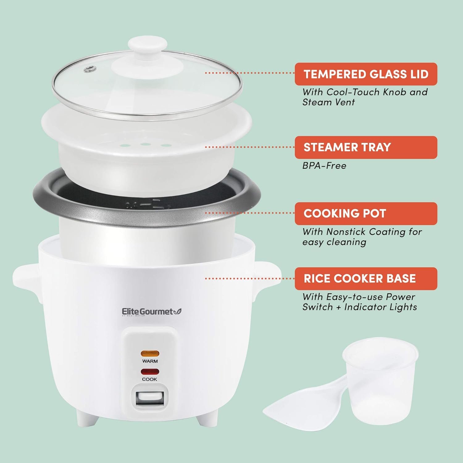 Elite Gourmet ERC006SS 6-Cup Electric Rice Cooker with 304 Surgical Grade Stainless Steel Inner Pot, Makes Soups, Stews, Porridges, Grains and Cereals, 6 cup (3 cups uncooked), Black