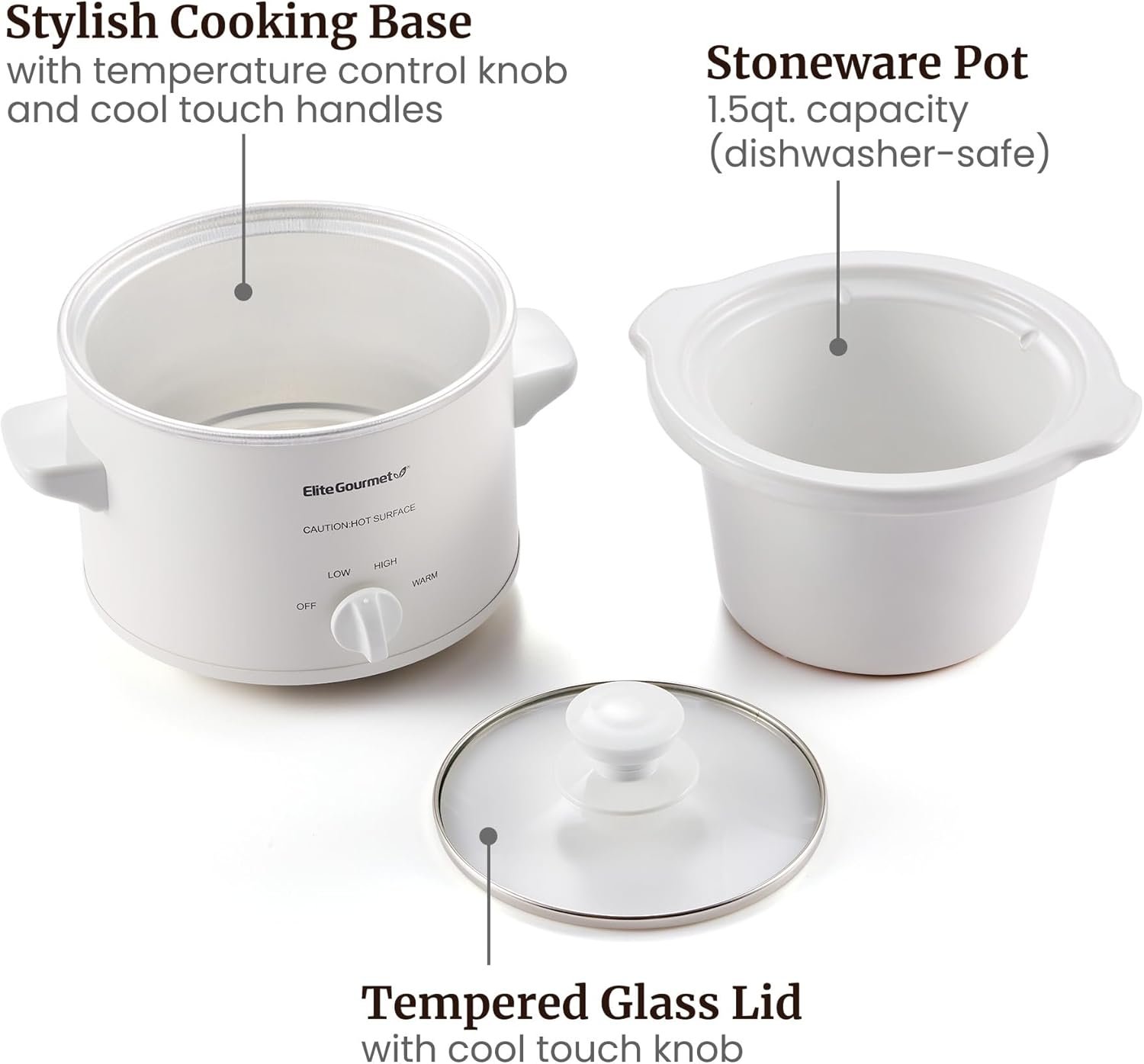 Elite Gourmet MST-275XS Electric Oval Slow Cooker, Adjustable Temp, Entrees, Sauces, Stews  Dips, Dishwasher Safe Glass Lid  Crock (2 Quart, Stainless Steel)