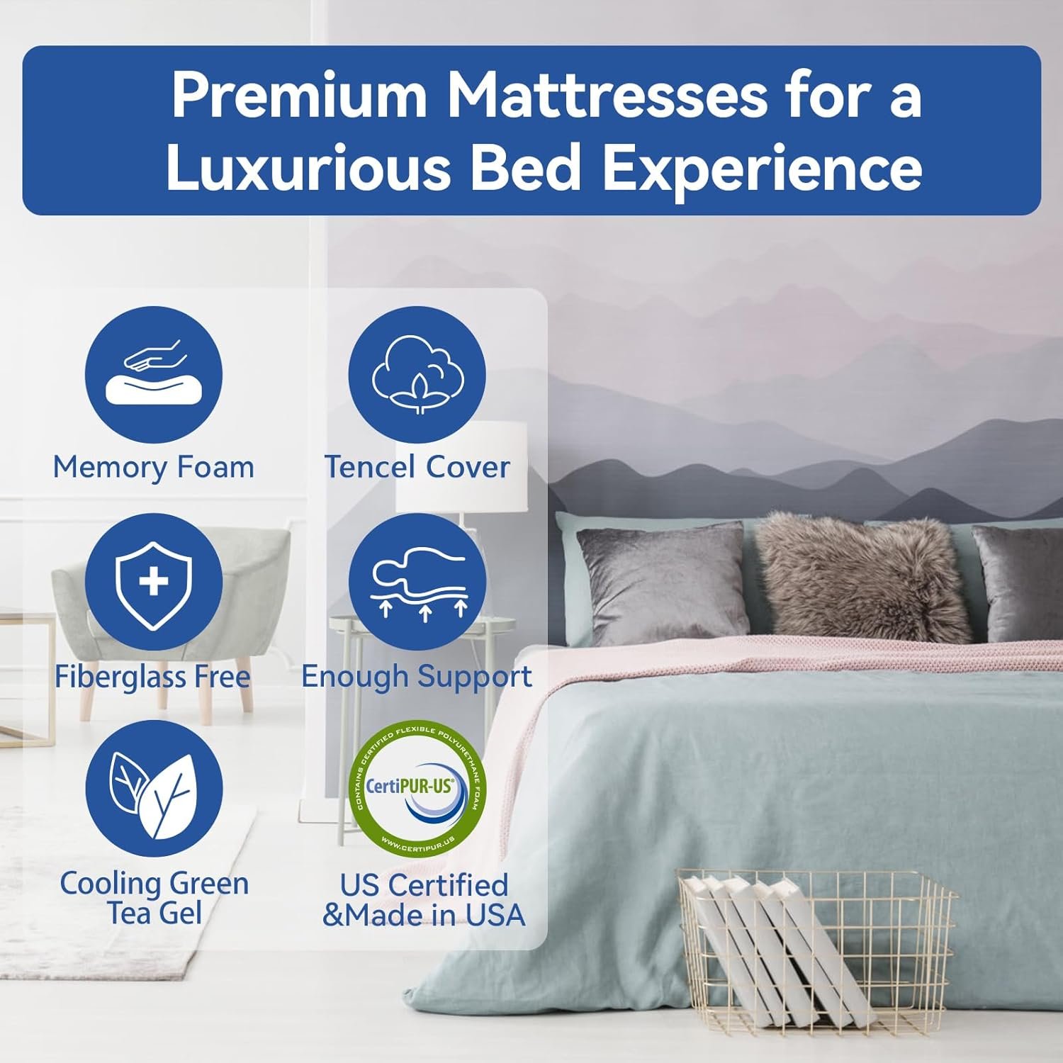 Extra Firm Queen Size Memory Foam Mattress 8 Inch with Tencel Cover, Premier Cooling Green Tea/Gel Bed Mattresses in a Box, Firm-Mattress for Back Pain, CertiPUR-US Deep Sleep, in USA, 80 x 60