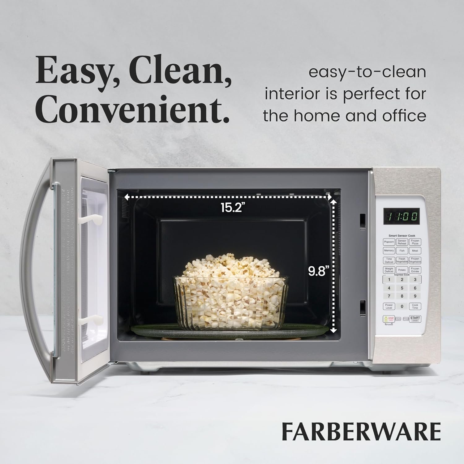 Farberware Countertop Microwave 1100 Watts, 1.6 cu ft - Smart Sensor Microwave Oven With LED Lighting and Child Lock - Perfect for Apartments and Dorms - Easy Clean - Stainless Steel