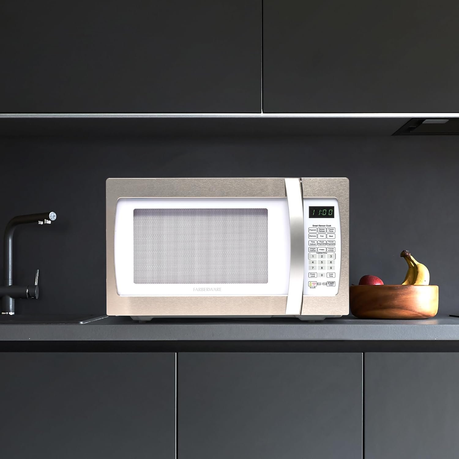 Farberware Countertop Microwave 1100 Watts, 1.6 cu ft - Smart Sensor Microwave Oven With LED Lighting and Child Lock - Perfect for Apartments and Dorms - Easy Clean - Stainless Steel