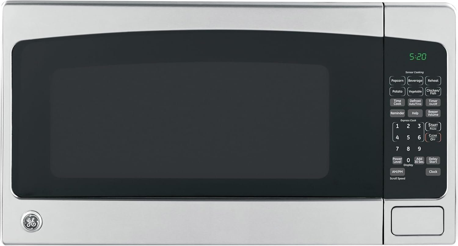 GE Countertop Microwave Oven, 1,200-watt Capacity, 2.0 Cubic Ft., 8 Auto Setting Cooking Settings, Child-Lock Technology, Kitchen Essentials for the Countertop, Dorm Room or Apartment, Satinless Steel