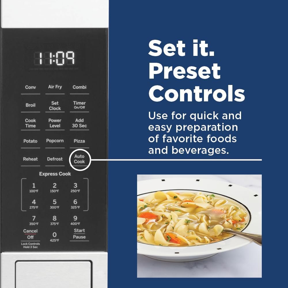 GE GCST10A1WSS 4-in-1 Microwave Oven, 1,050 Watts Air Fryer, Broiler  Convection Mode, Child-Lock Technology, Kitchen Essentials for The Countertop or Dorm Room, 1.0 Cu. Ft, Stainless Steel