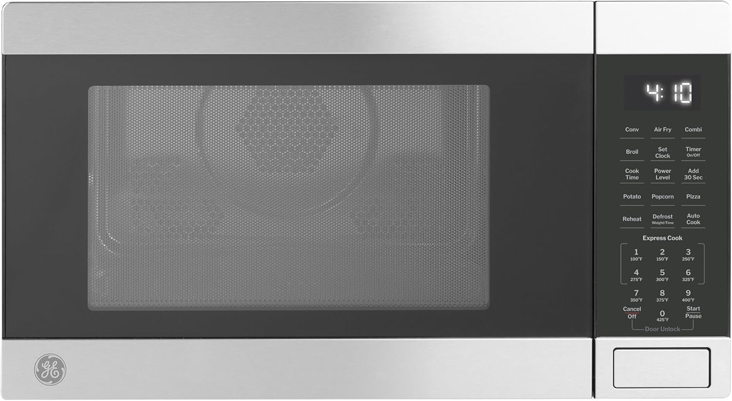 GE GCST10A1WSS 4-in-1 Microwave Oven, 1,050 Watts Air Fryer, Broiler  Convection Mode, Child-Lock Technology, Kitchen Essentials for The Countertop or Dorm Room, 1.0 Cu. Ft, Stainless Steel