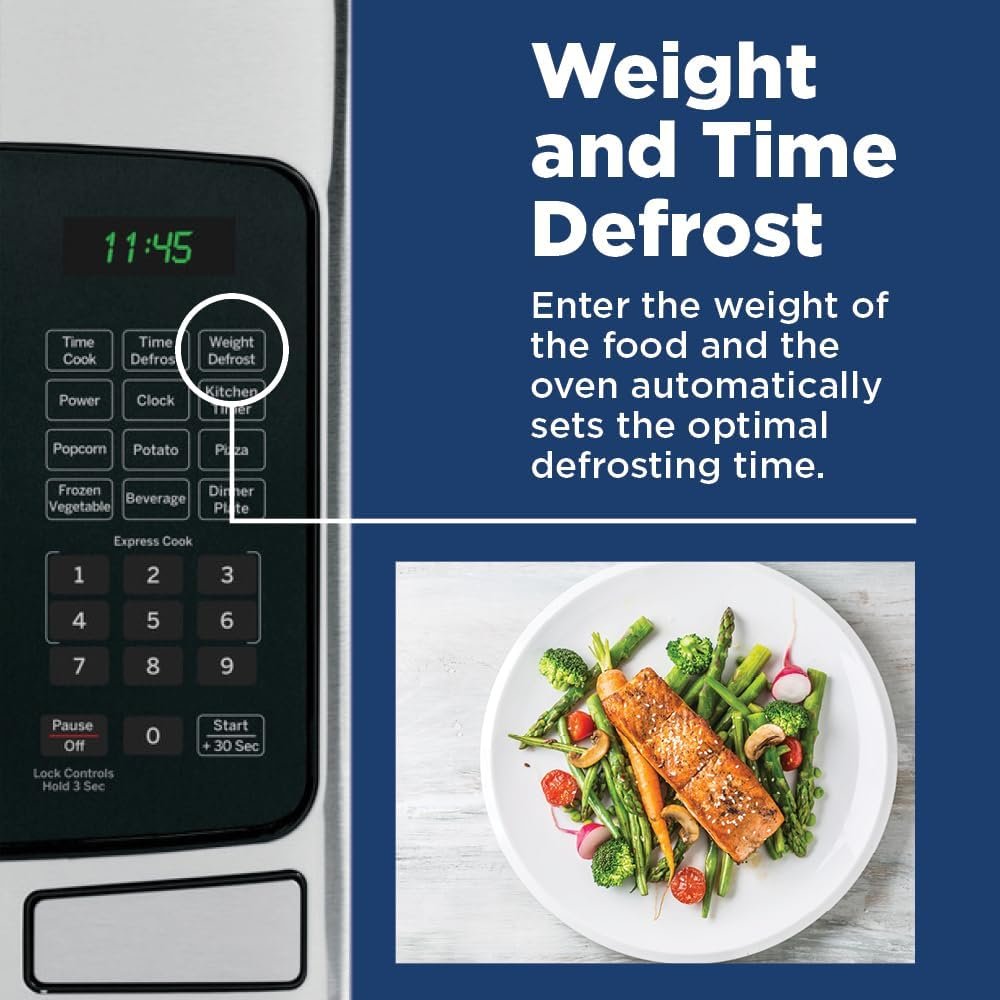 GE GCST11X1WSS Microwave Oven, 950-watt 6 Auto Cooking Settings, Child-Lock Technology, Kitchen Essentials for The Countertop, Dorm Room or Apartment, 1.1 Cu. Ft, Stainless Steel