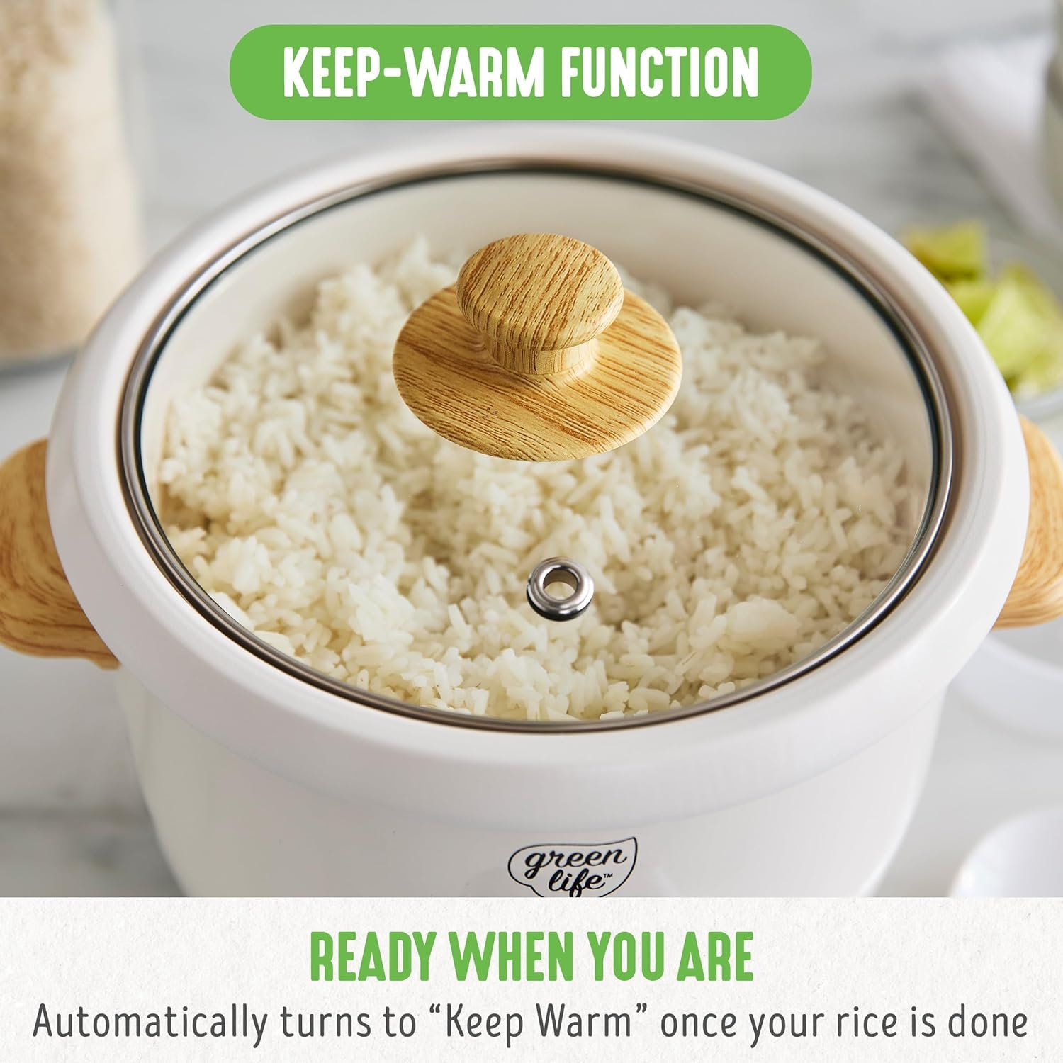 GreenLife 1.5 QT Electric Rice Cooker, Compact Small Size, 3-Cups Uncooked/6-Cups Cooked, PFAS-Free Removable Nonstick Pot Steamer, One-Touch Control, Wood Print Handle, Measuring Cup, 300W, Grey