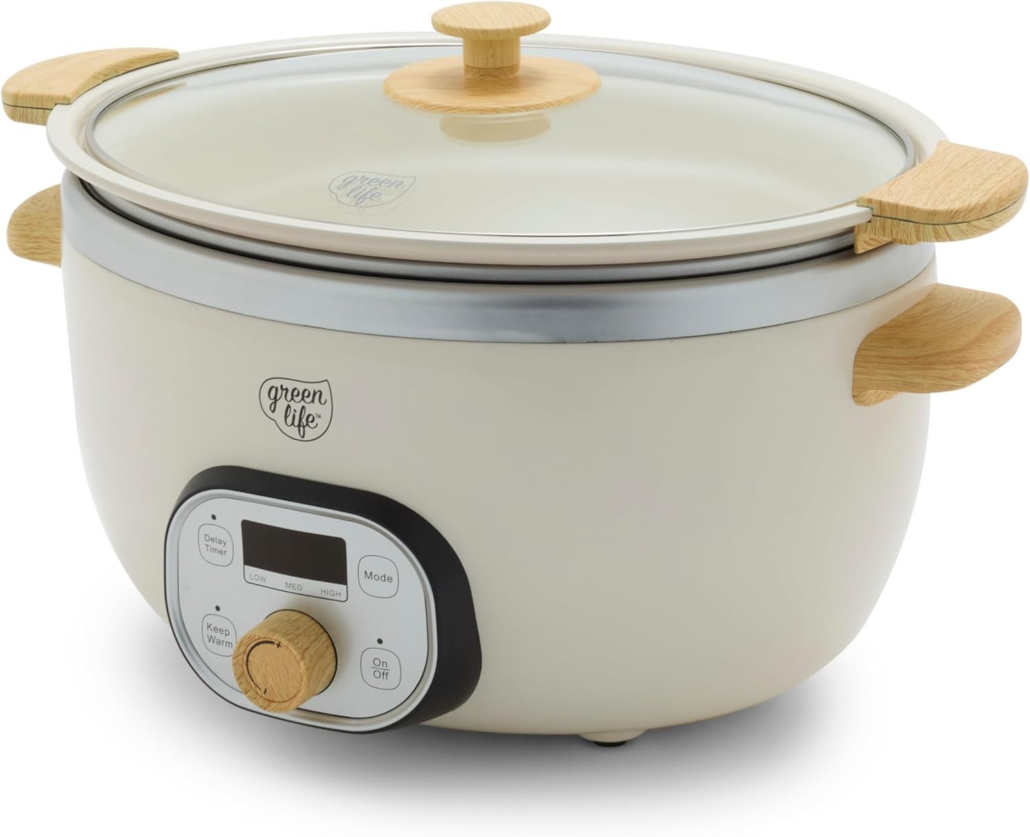 GreenLife 1.5 QT Electric Rice Cooker, Compact Small Size, 3-Cups Uncooked/6-Cups Cooked, PFAS-Free Removable Nonstick Pot Steamer, One-Touch Control, Wood Print Handle, Measuring Cup, 300W, Grey