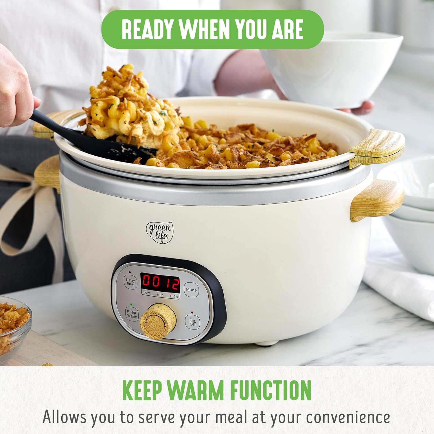 GreenLife 6 QT Ceramic Non Stick Slow Cooker, PFAS-Free Programmable Removable Pot for Family Meals, Sear on Stovetop Keep Warm, Digital Timer, Dishwasher Safe Glass Lid  Crock, Cream