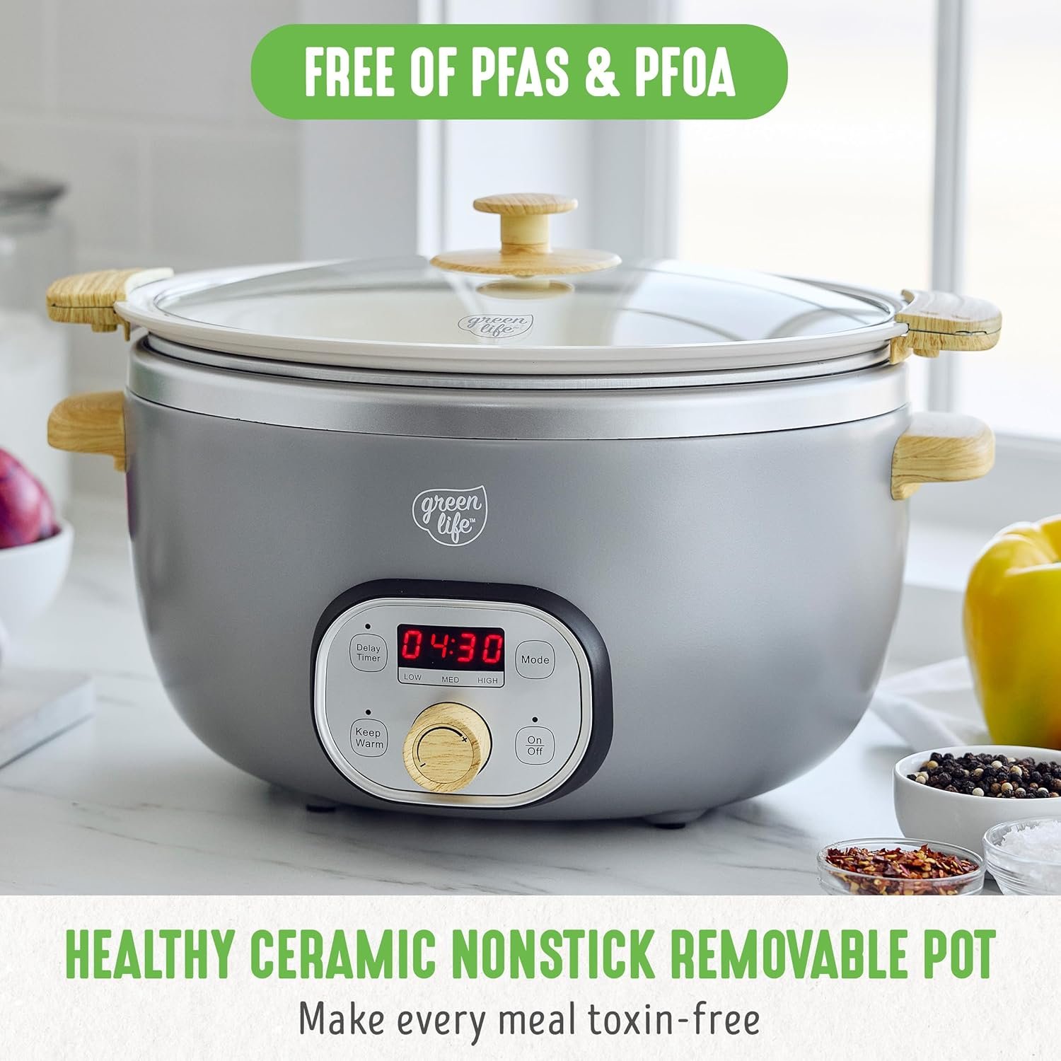 GreenLife 6 QT Ceramic Non Stick Slow Cooker, PFAS-Free Programmable Removable Pot for Family Meals, Sear on Stovetop Keep Warm, Digital Timer, Dishwasher Safe Glass Lid  Crock, Cream