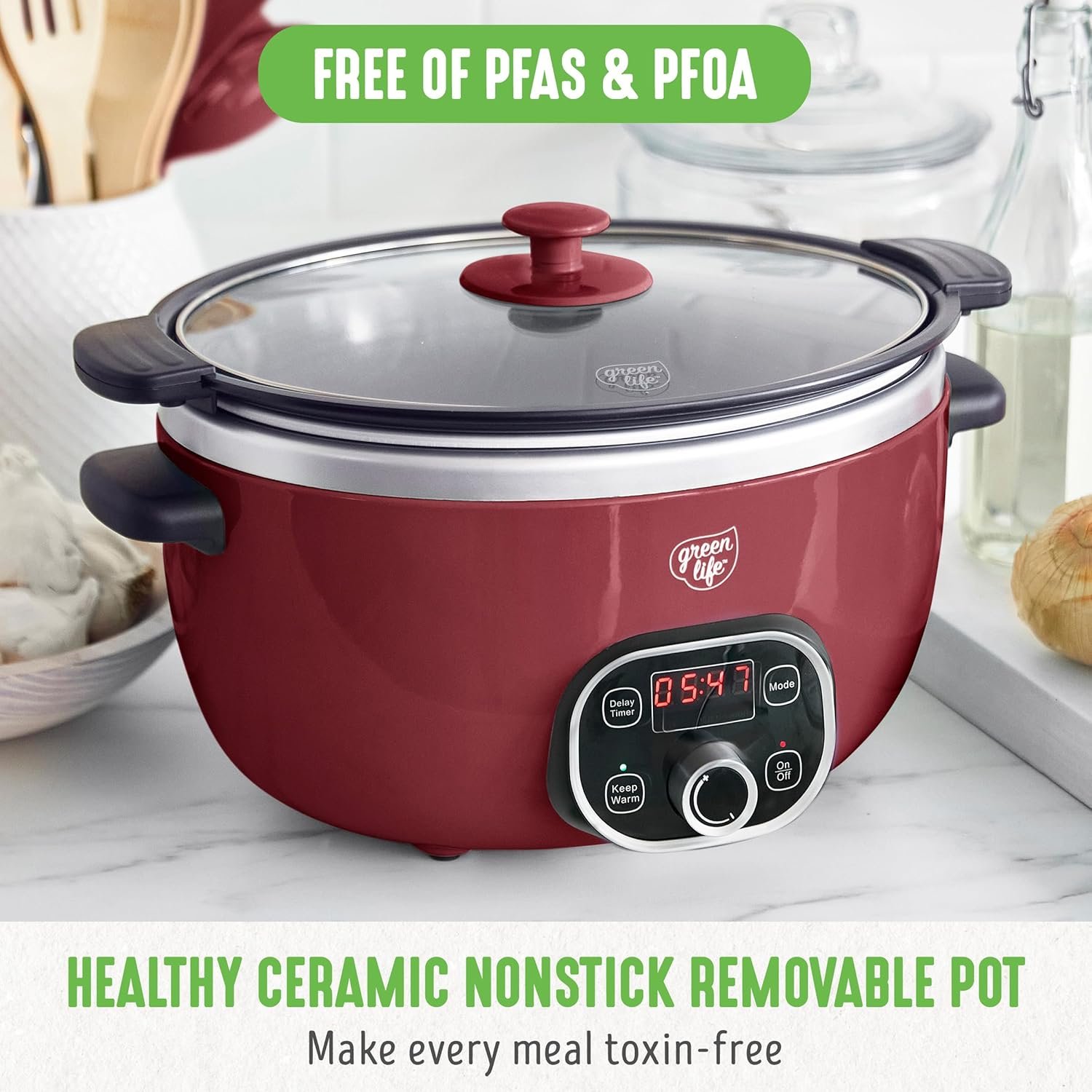 GreenLife 6 Quart Ceramic Slow Cooker, PFAS-Free, Programmable, Removable Healthy Nonstick Pot for Family Meals, Sear on Stovetop, Keep Warm, Digital Timer, Dishwasher Safe Glass Lid  Crock, Blue
