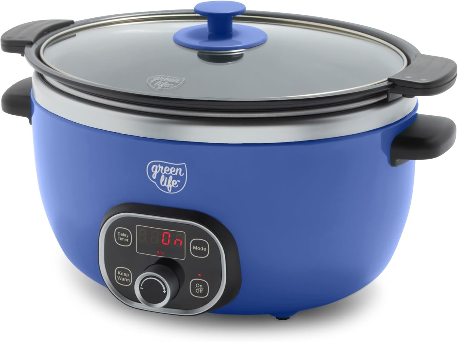 GreenLife 6 Quart Ceramic Slow Cooker, PFAS-Free, Programmable, Removable Healthy Nonstick Pot for Family Meals, Sear on Stovetop, Keep Warm, Digital Timer, Dishwasher Safe Glass Lid  Crock, Blue