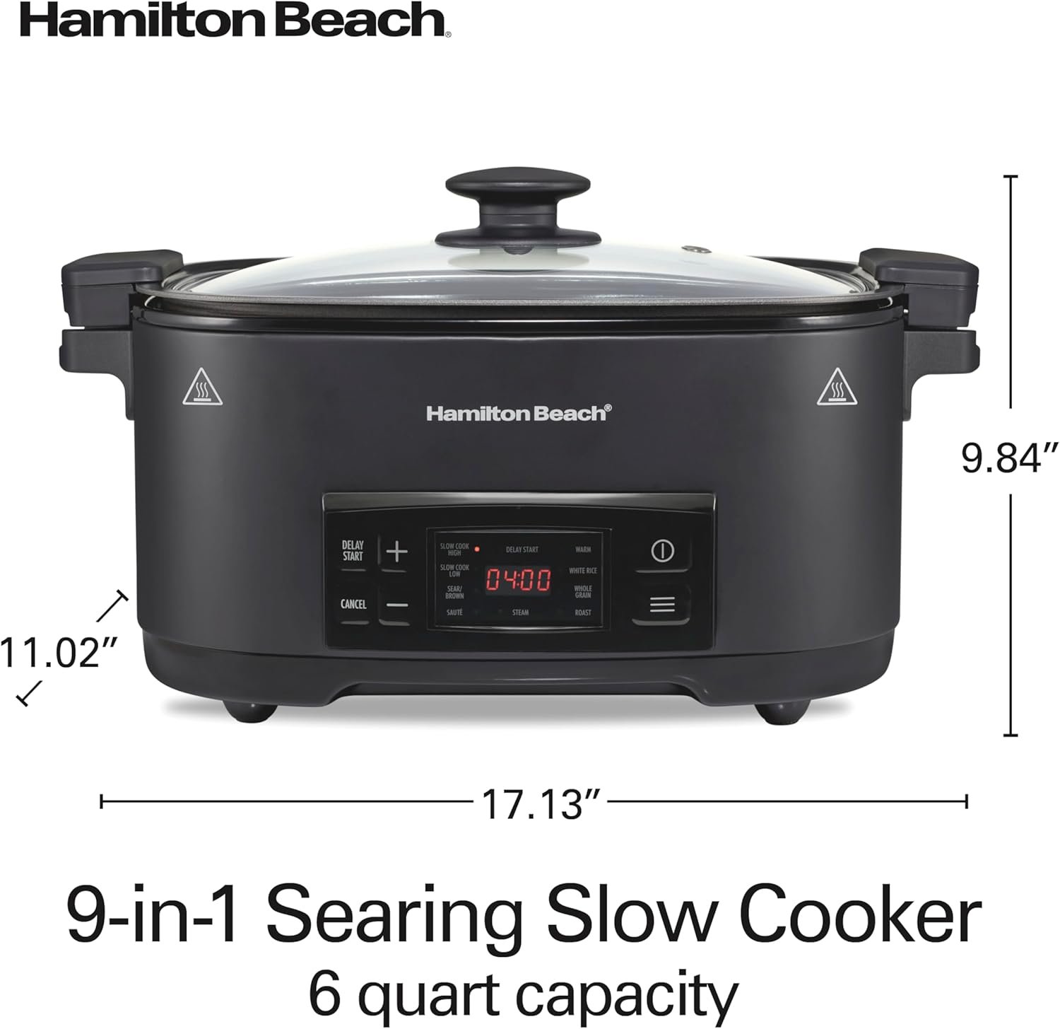 Hamilton Beach 6 Quart 9-in-1 Programmable Slow Cooker with Sear, Browning, Rice, Steam, Sauté, Roast Delay Start  Keep Warm Functions, Nonstick PFAS-Free Dishwasher Safe Crock, Black (33604)