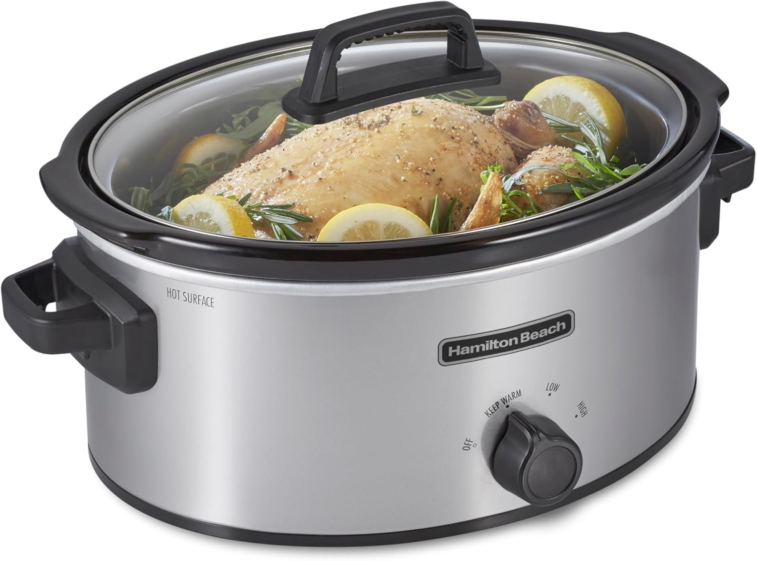 Hamilton Beach 6-Quart Slow Cooker with 3 Cooking Settings, Dishwasher-Safe Stoneware Crock  Glass Lid, Silver (33665G)